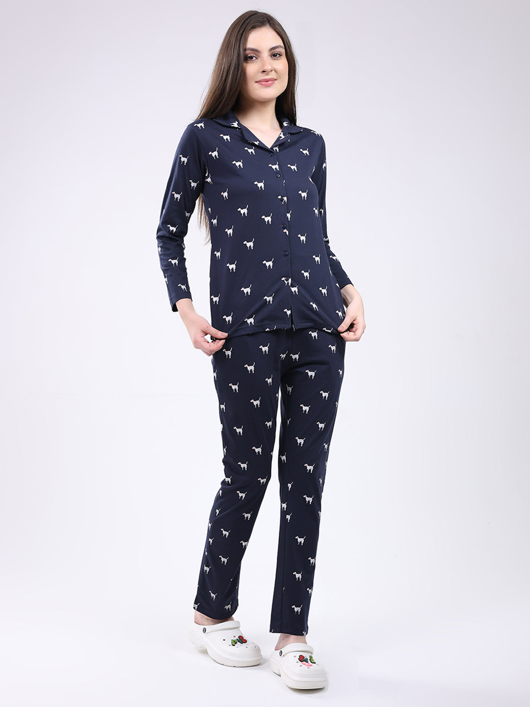 Women Navy Blue Printed Collar Full Sleeve Lower Set