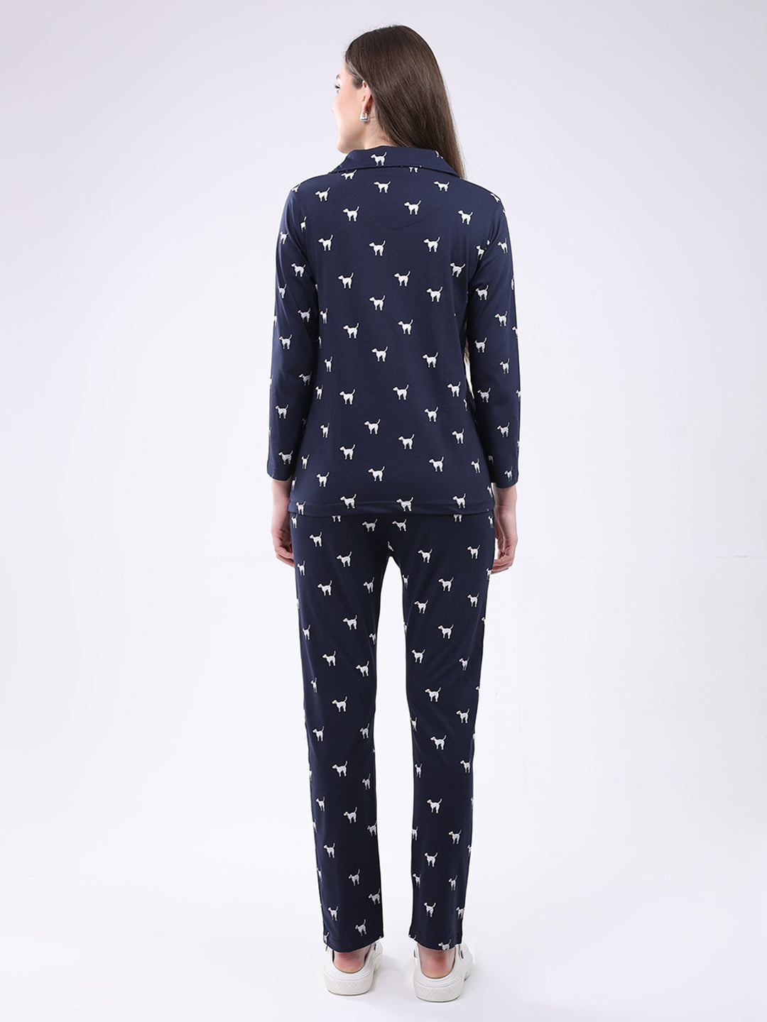 Women Navy Blue Printed Collar Full Sleeve Lower Set