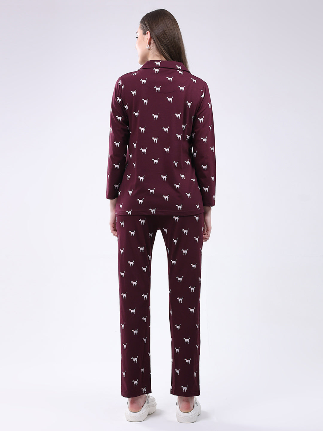 Women Maroon Printed Collar Full Sleeve Lower Set