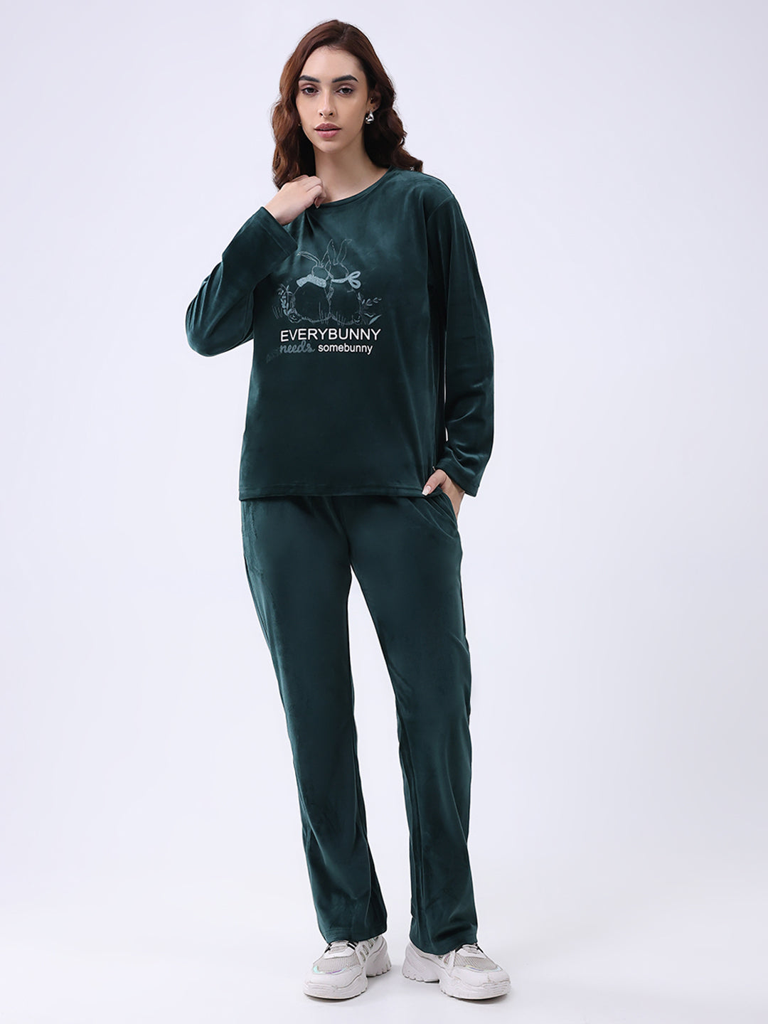 Women Green Printed Round Neck Full Sleeve Lower Set