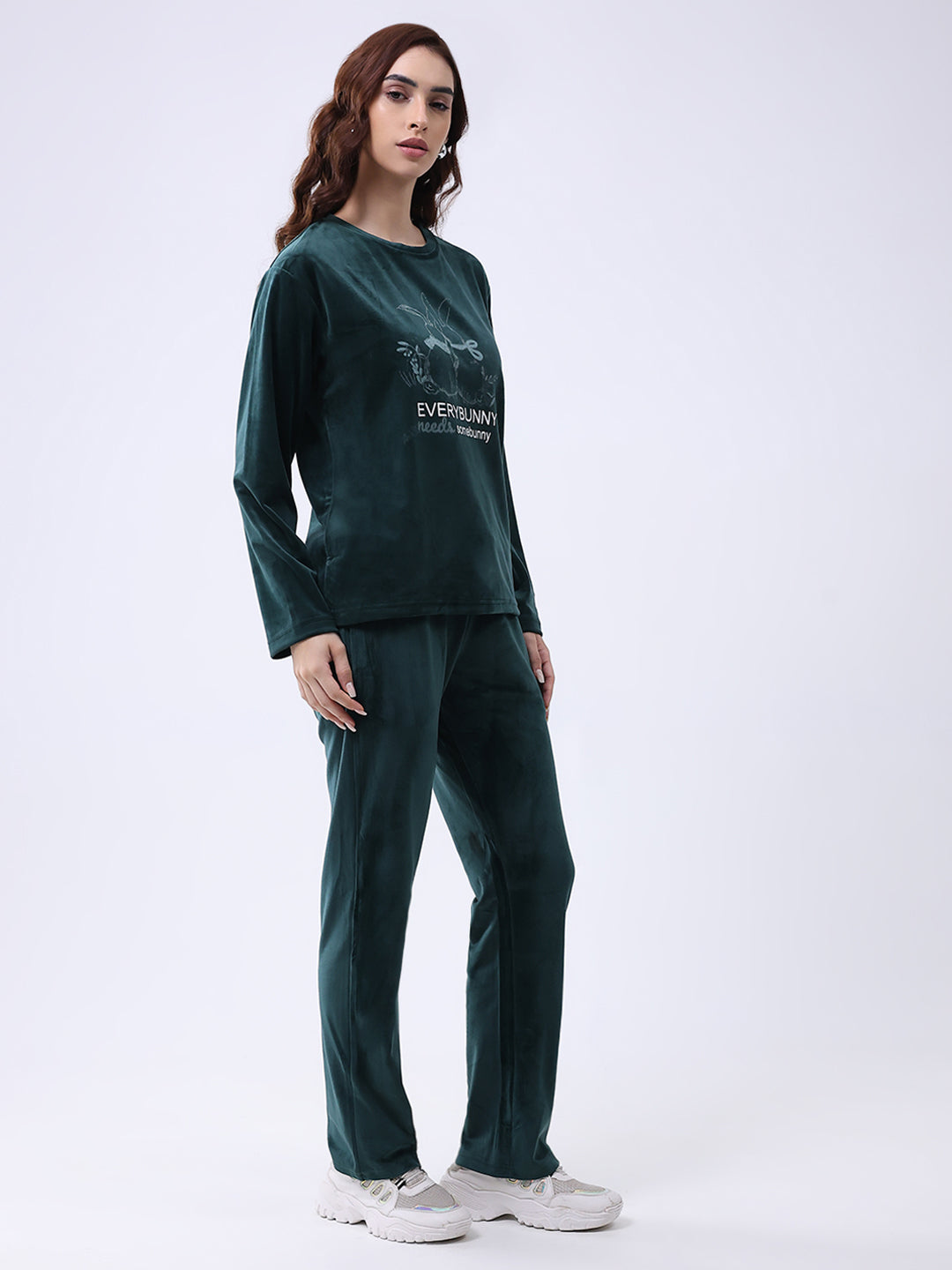 Women Green Printed Round Neck Full Sleeve Lower Set