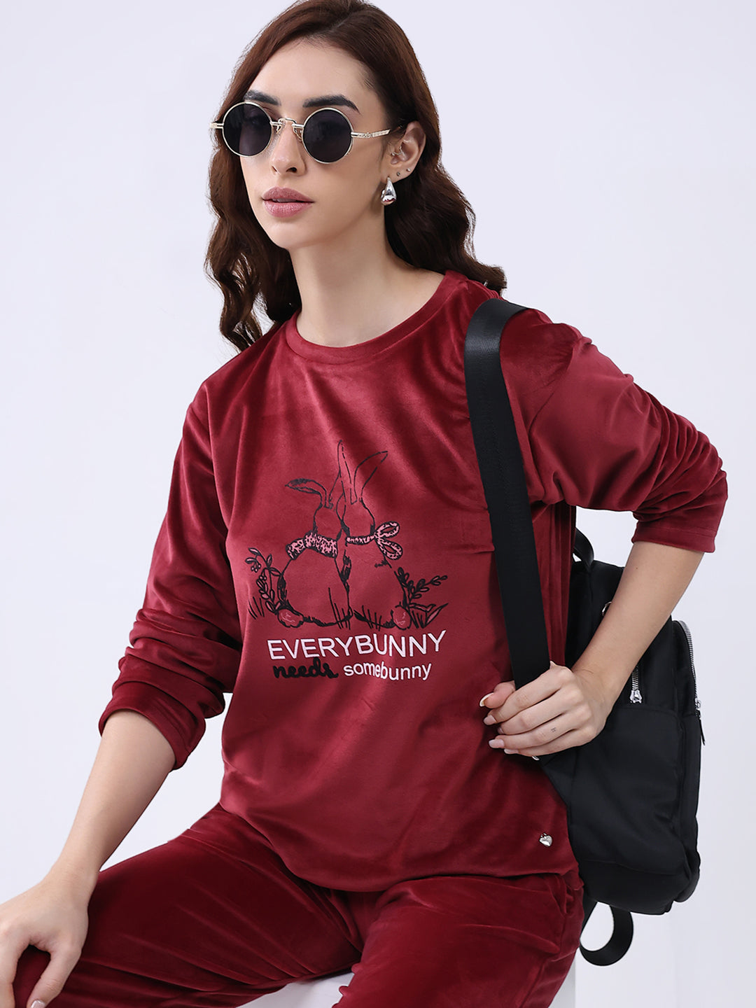 Women Maroon Printed Round Neck Full Sleeve Lower Set