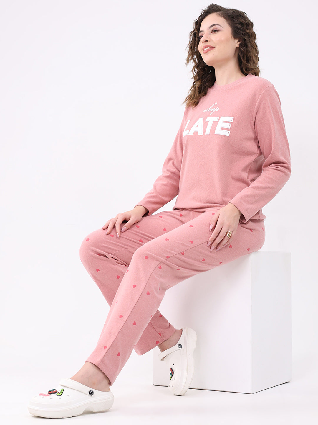 Women Pink Printed Round Neck Full Sleeve Lower Set