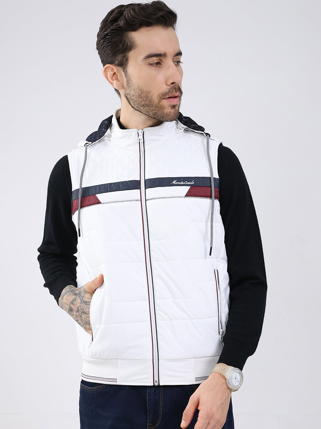 Men White Solid Detachable Hood Sleeveless Jacket