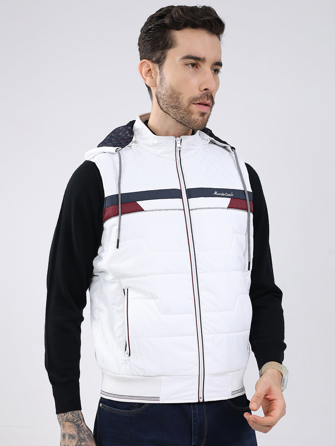 Men White Solid Detachable Hood Sleeveless Jacket