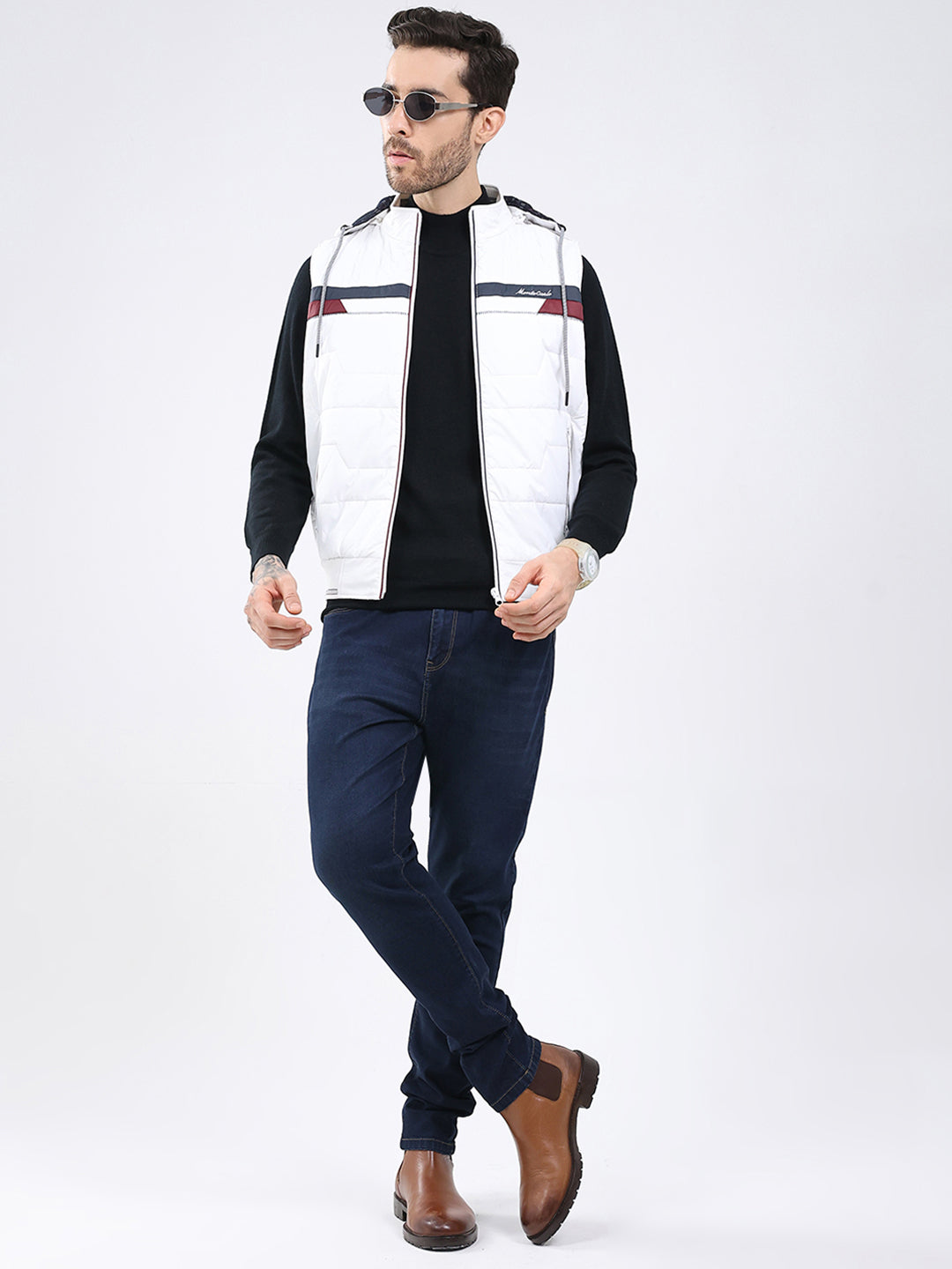 Men White Solid Detachable Hood Sleeveless Jacket