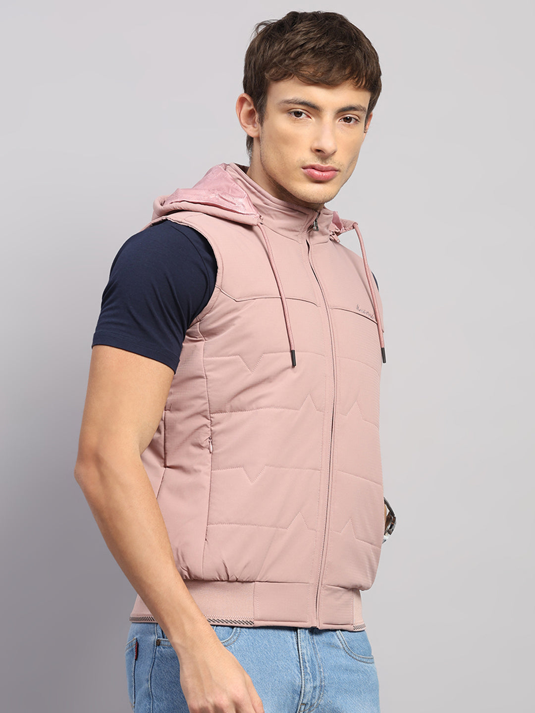 Men Peach Solid Hooded Sleeveless Jacket