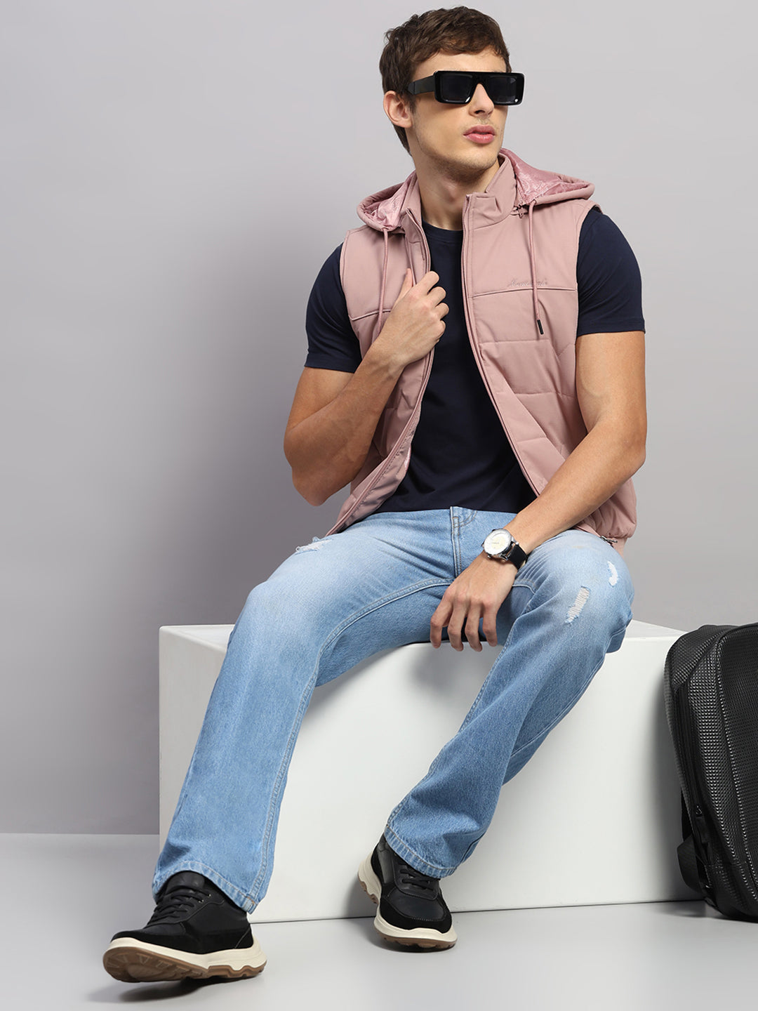 Men Peach Solid Hooded Sleeveless Jacket