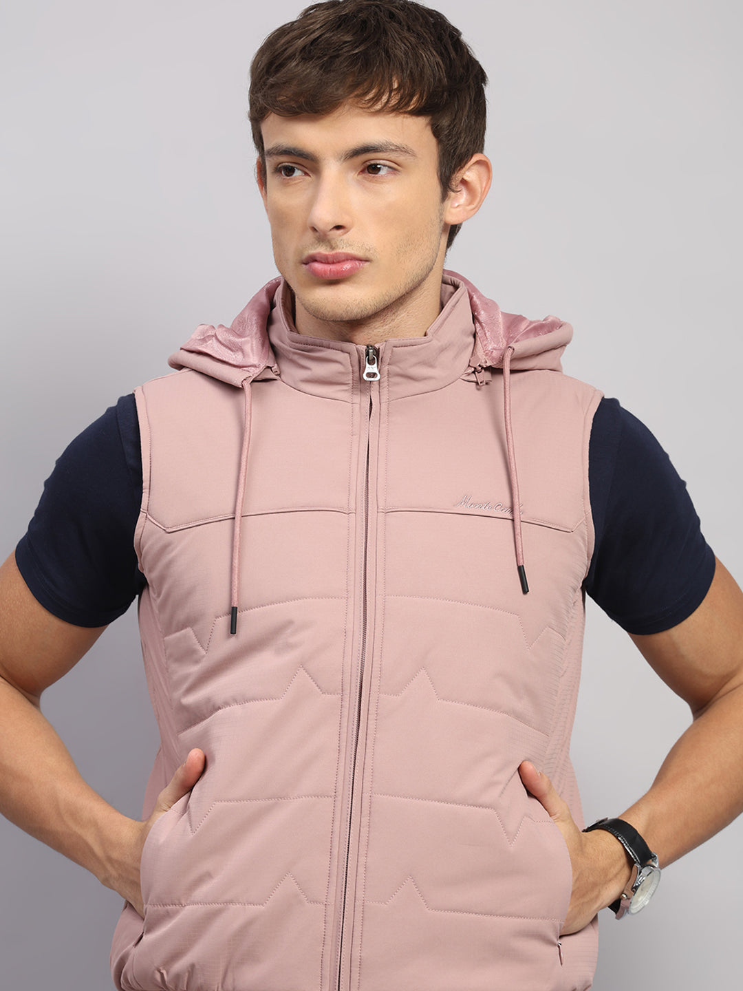 Men Peach Solid Hooded Sleeveless Jacket