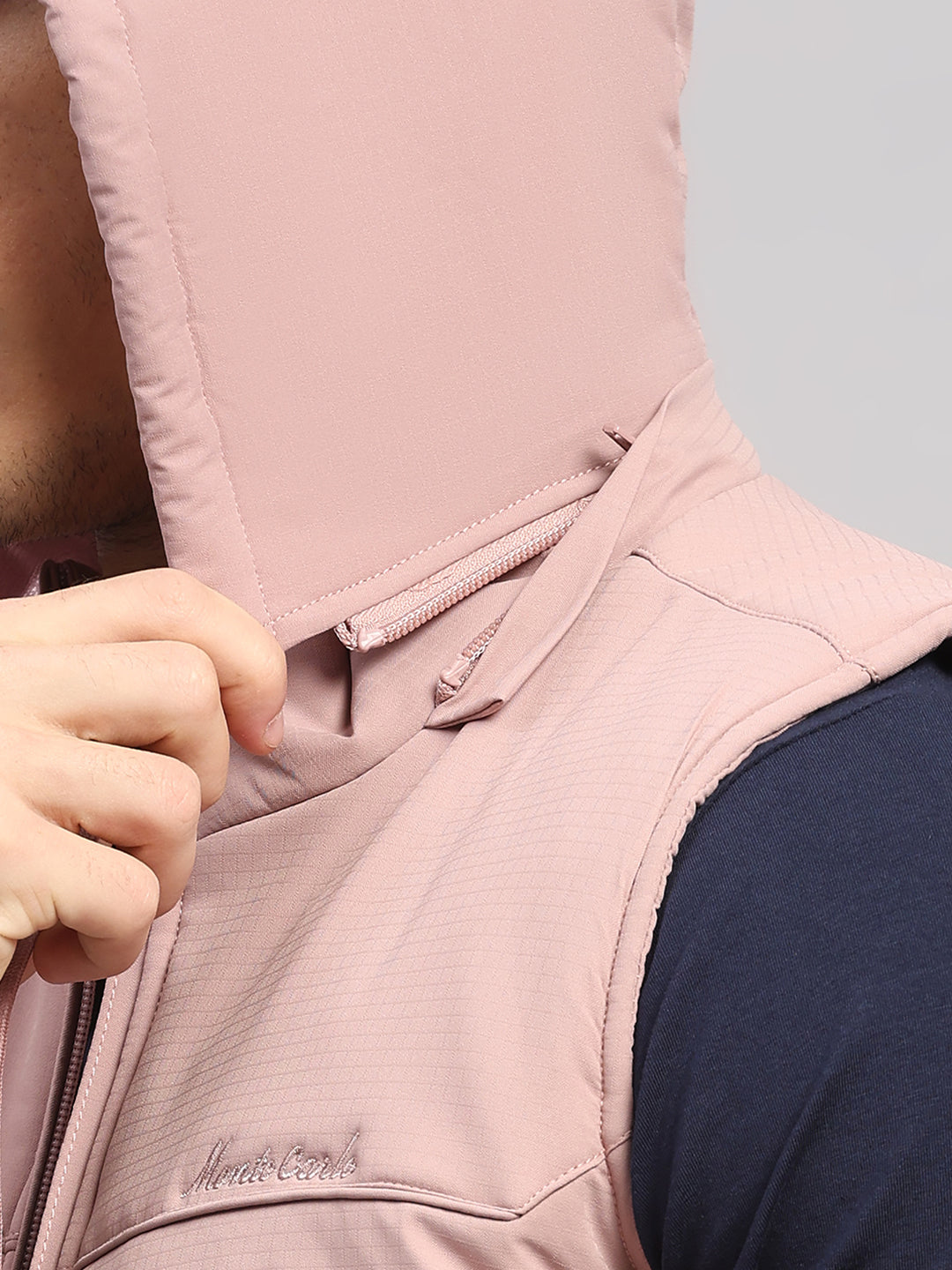Men Peach Solid Hooded Sleeveless Jacket