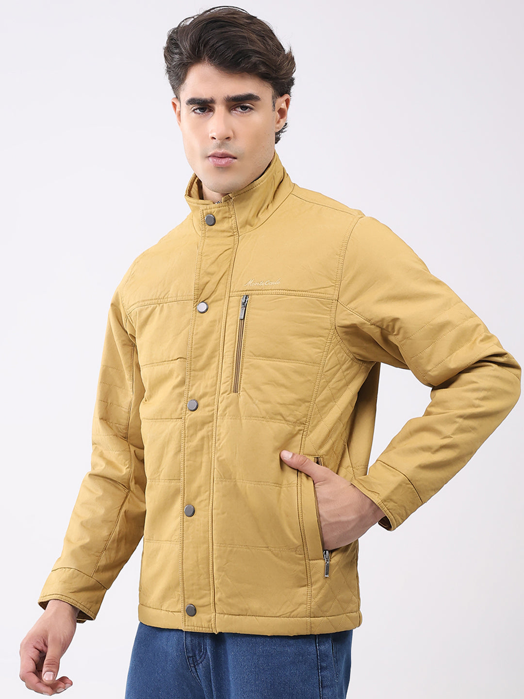 Men Yellow Solid Collar Full Sleeve Jacket