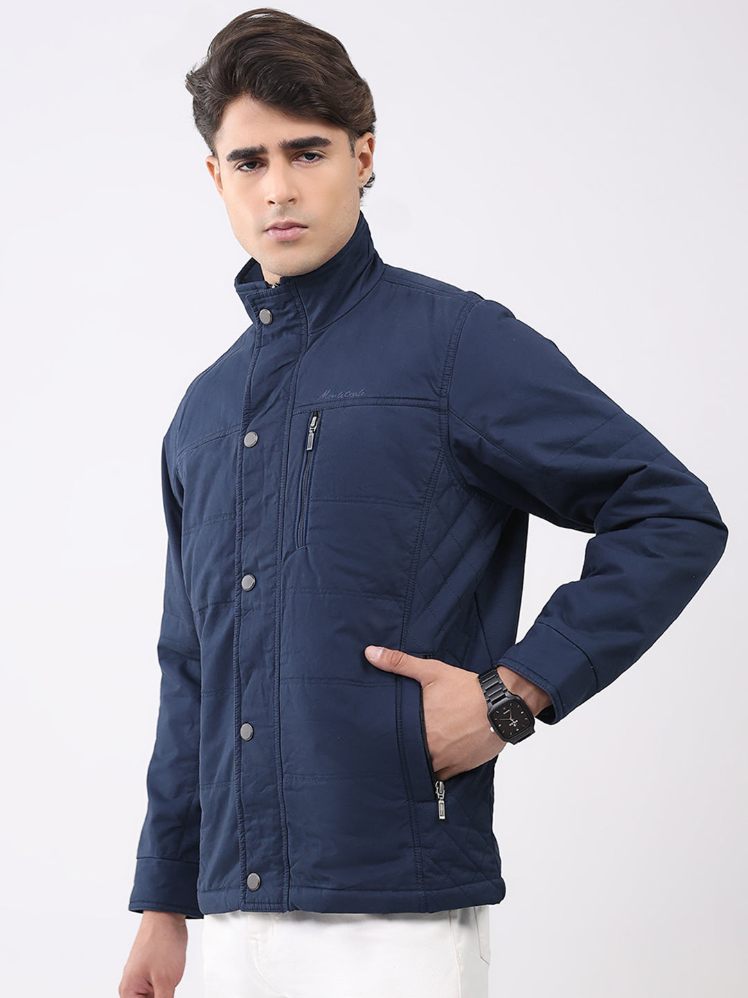 Men Navy Blue Solid Collar Full Sleeve Jacket