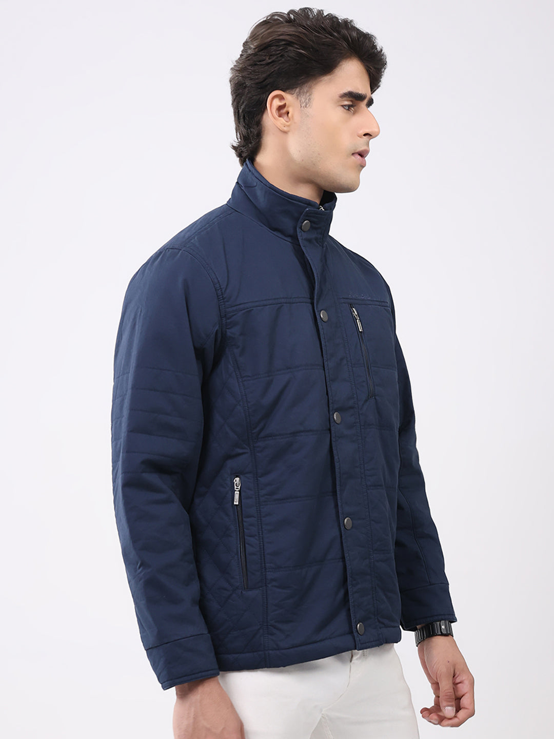 Men Navy Blue Solid Collar Full Sleeve Jacket