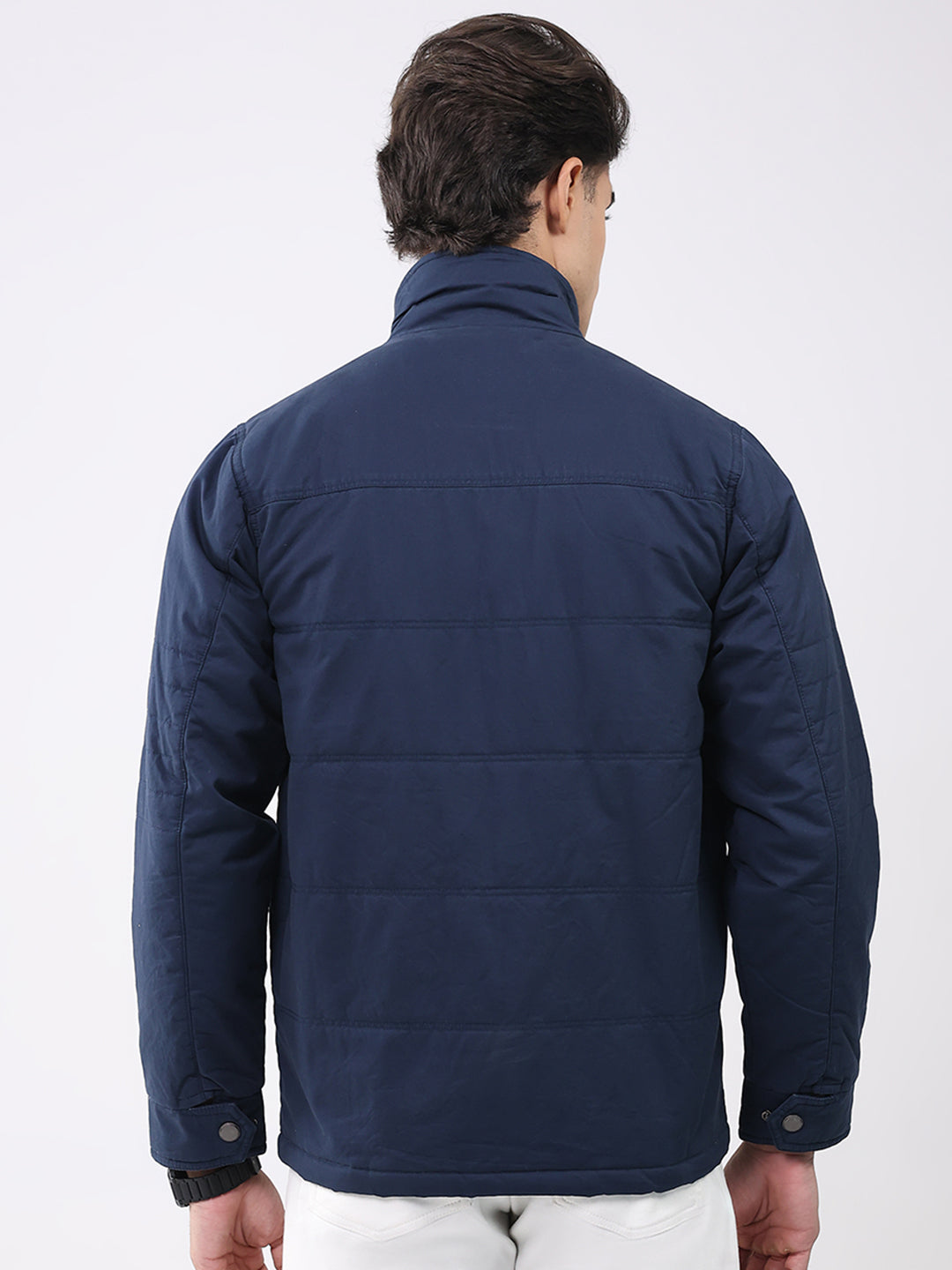 Men Navy Blue Solid Collar Full Sleeve Jacket