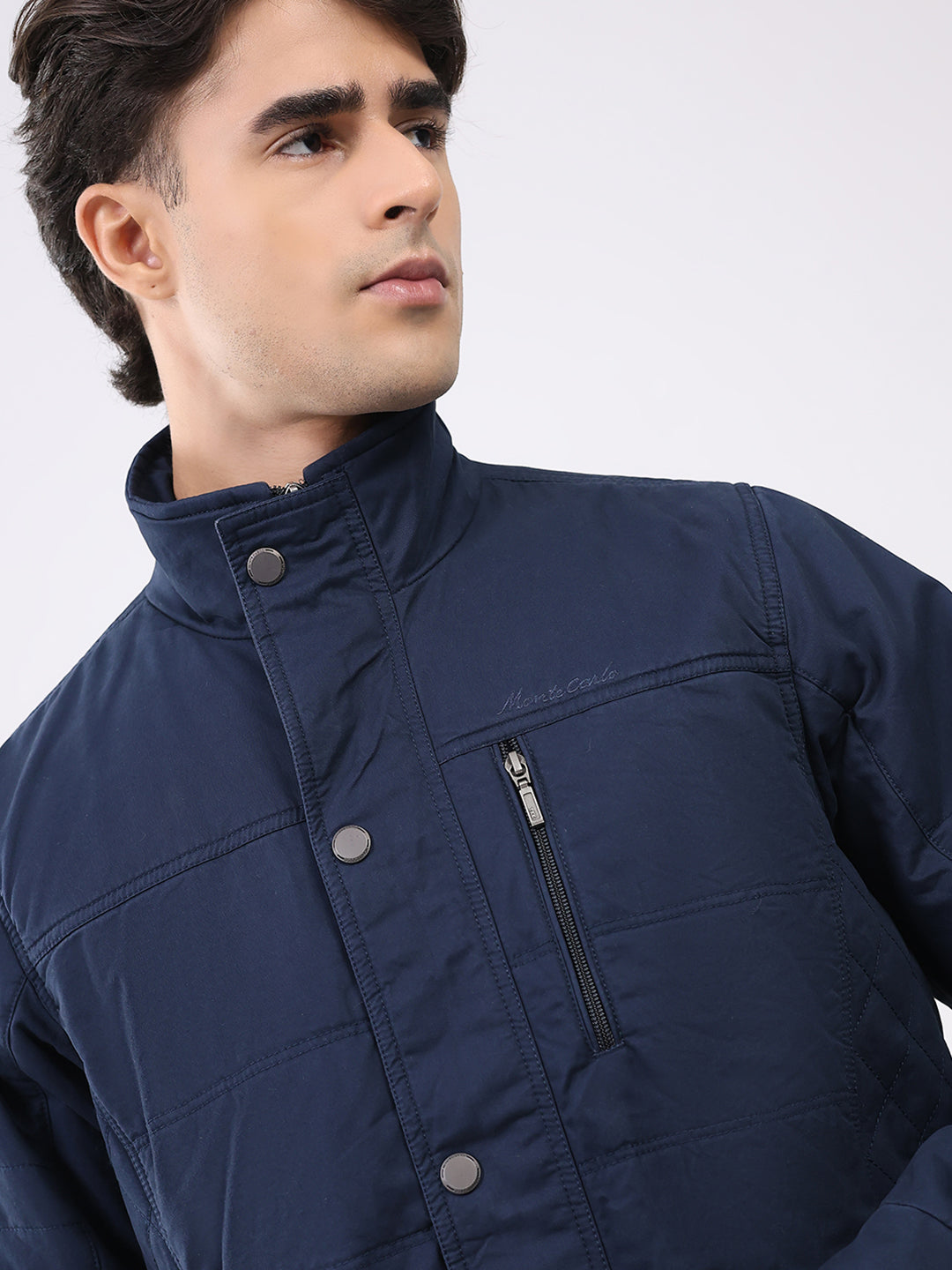 Men Navy Blue Solid Collar Full Sleeve Jacket