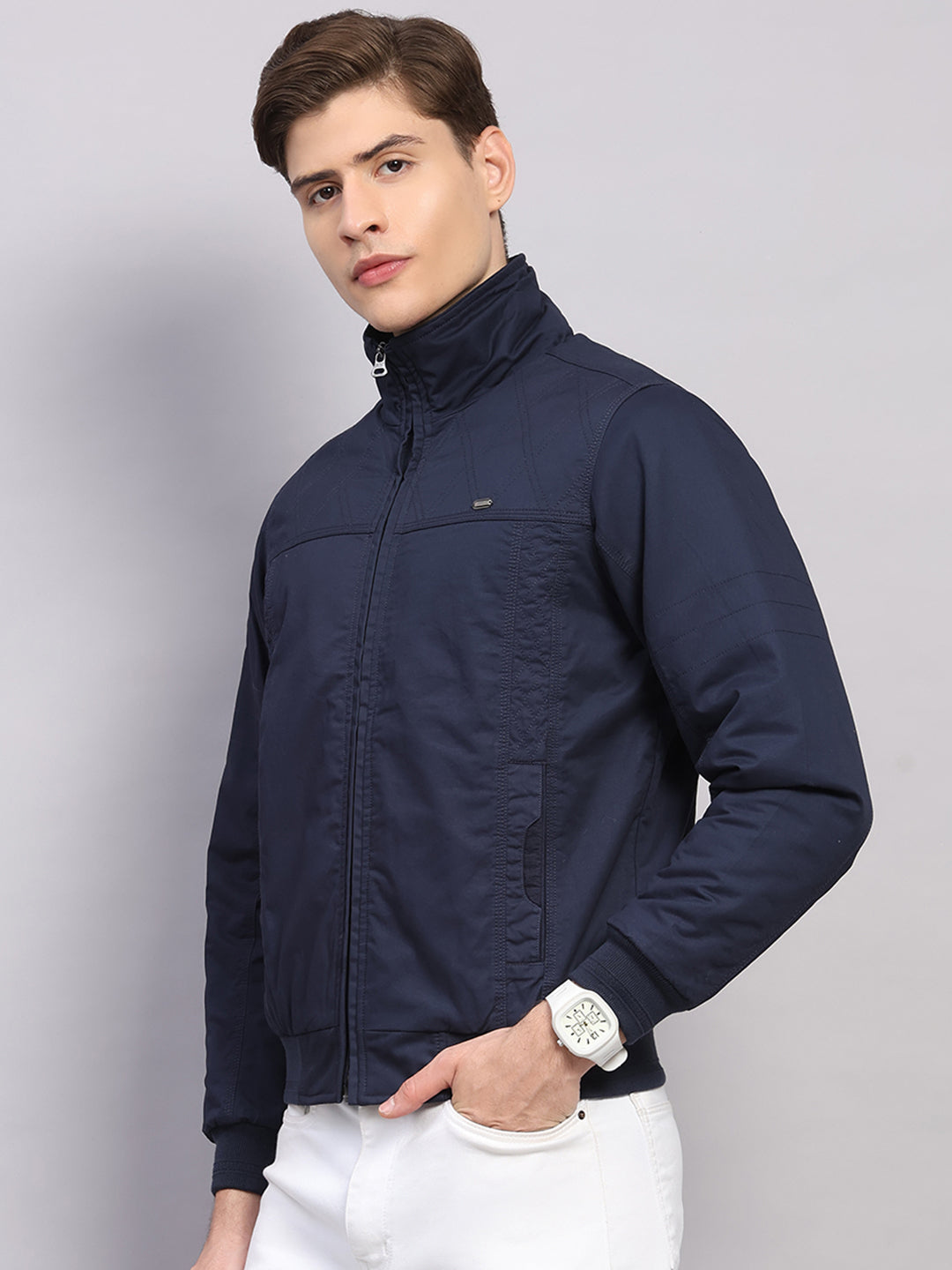 Men Navy Blue Solid Collar Full Sleeve Jacket