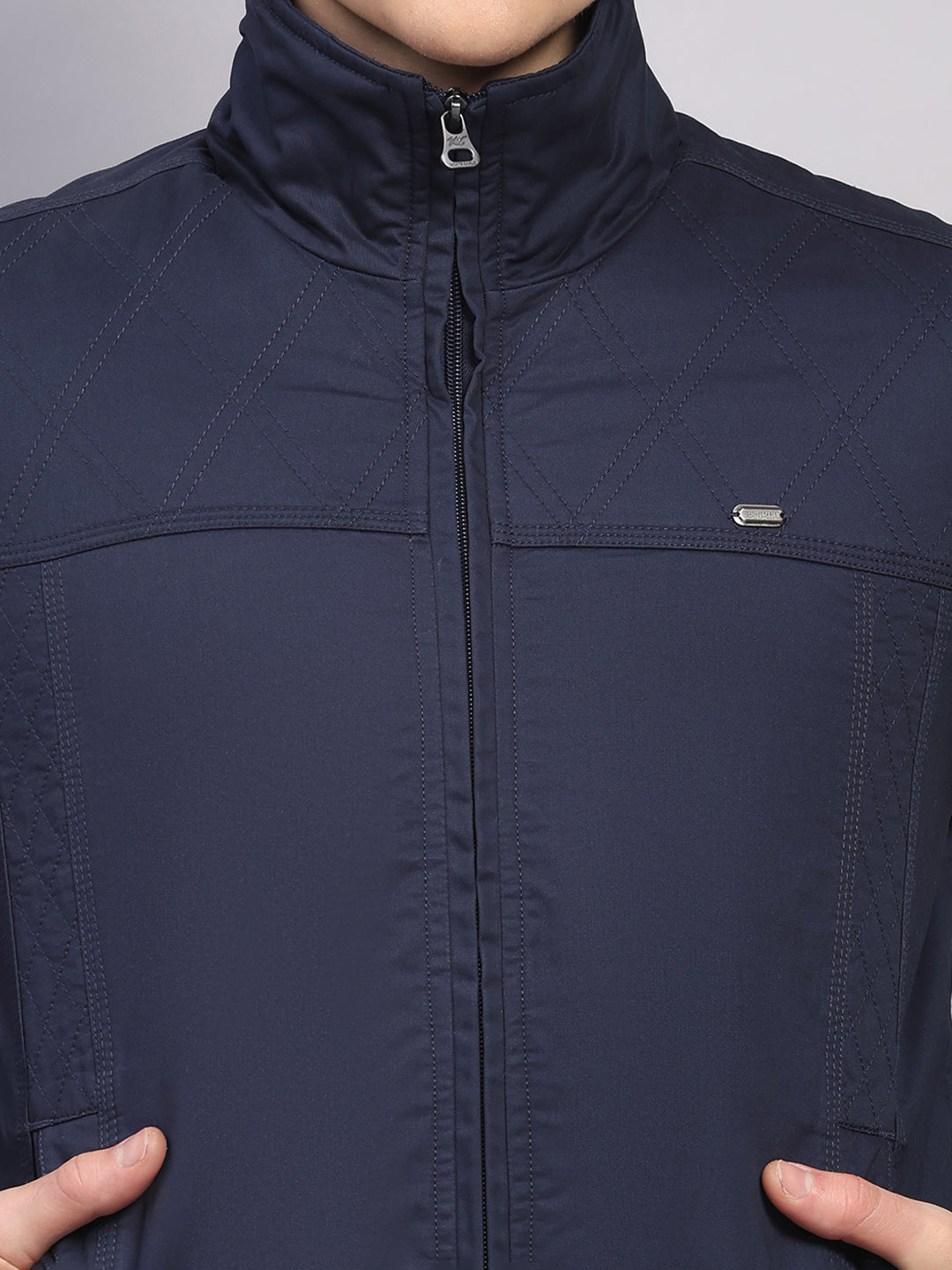 Men Navy Blue Solid Collar Full Sleeve Jacket