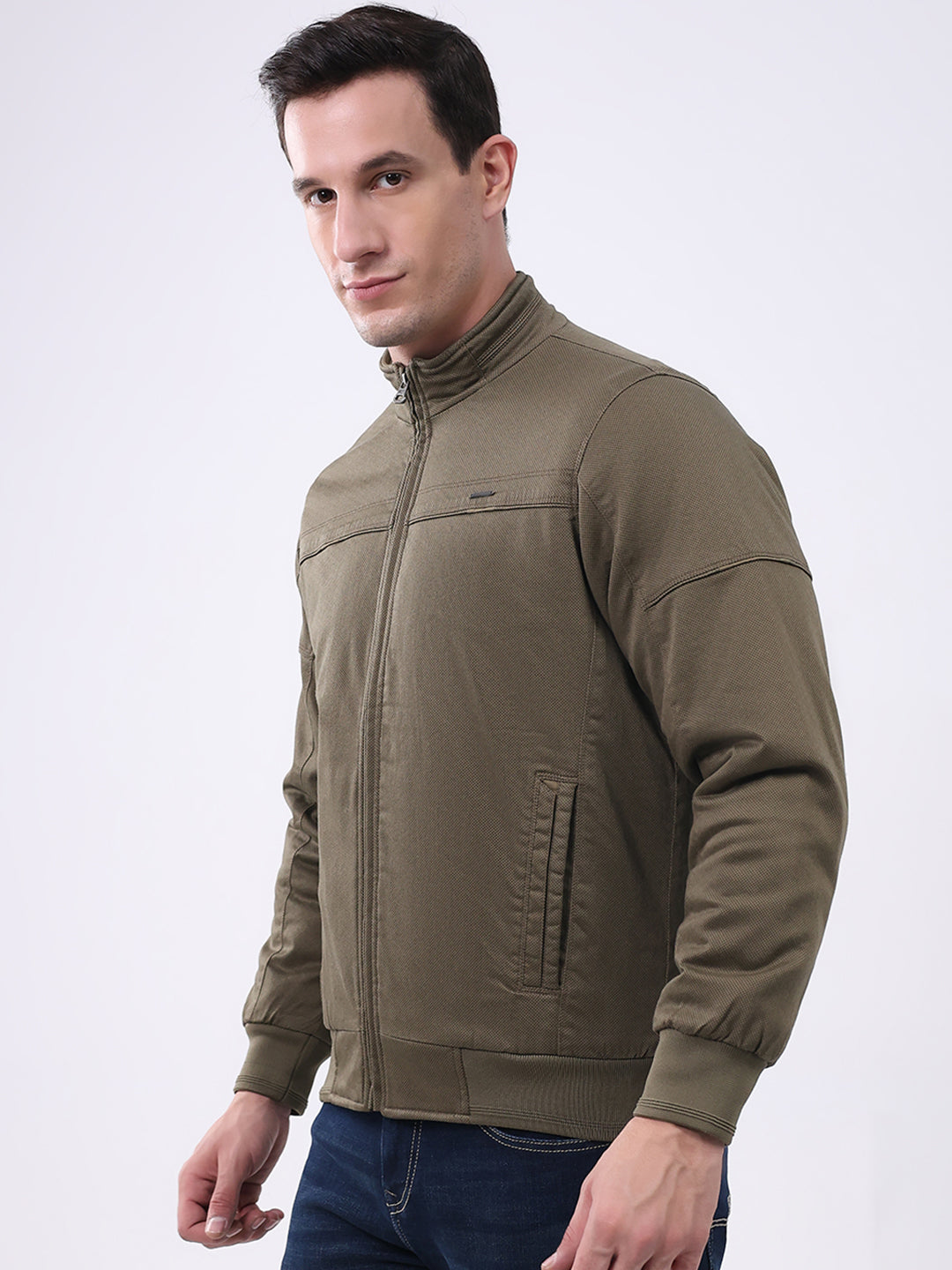 Men Olive Solid Mock Neck Full Sleeve Jacket