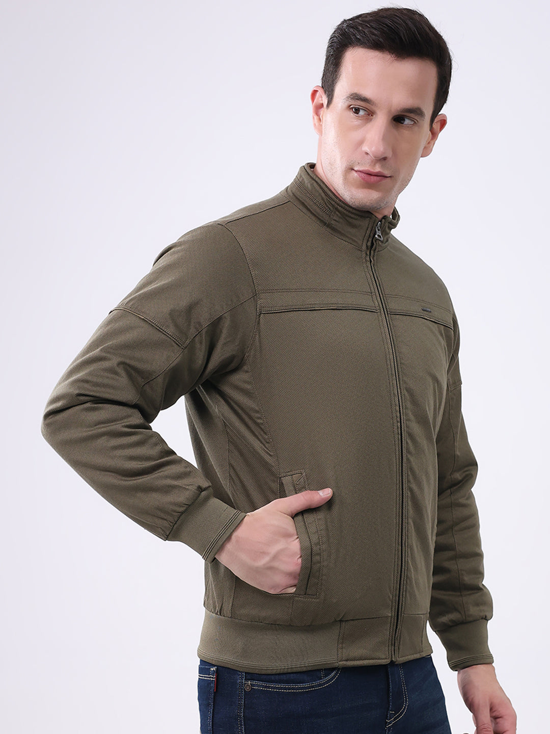 Men Olive Solid Mock Neck Full Sleeve Jacket
