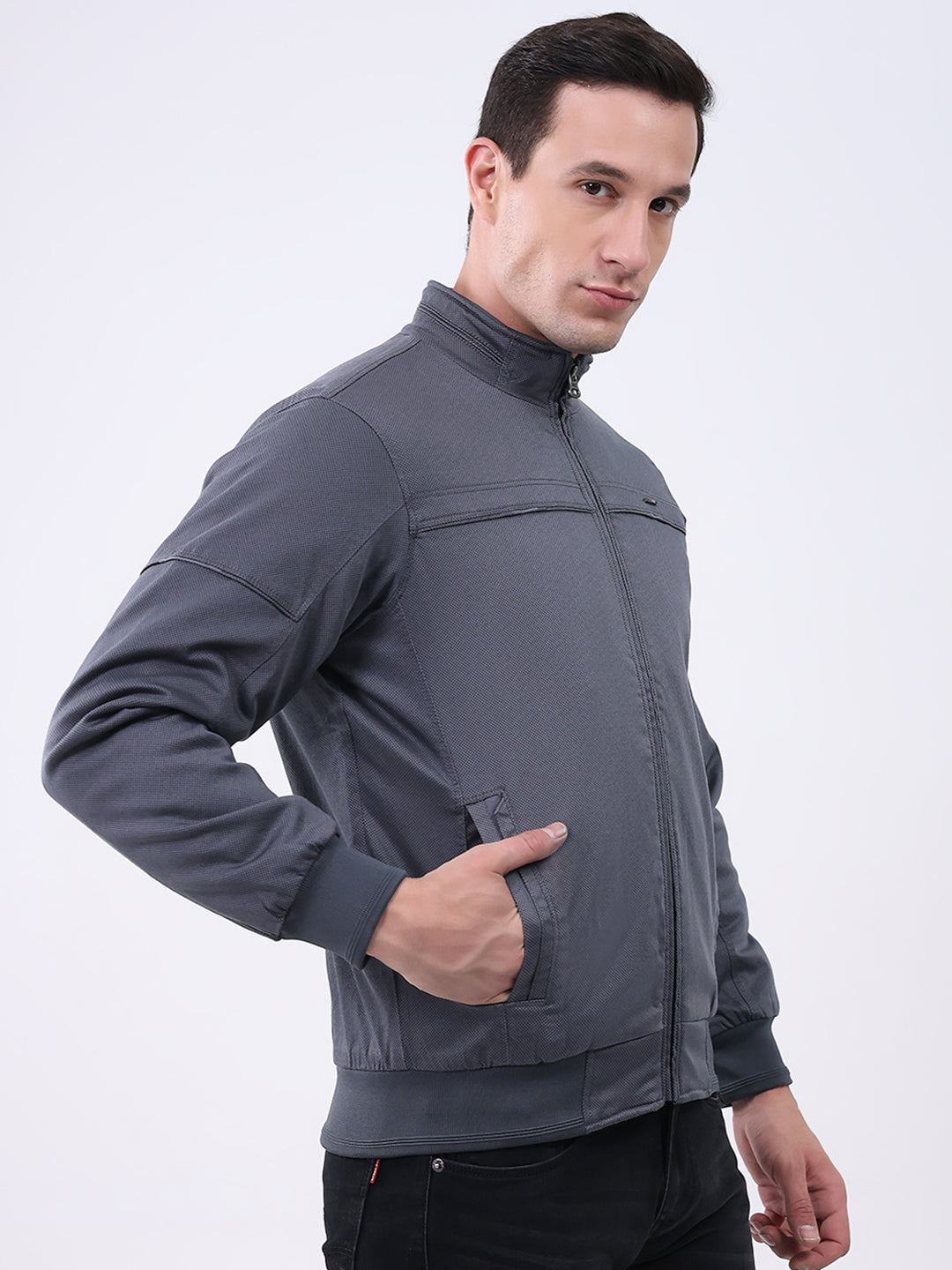 Men Grey Solid Mock Neck Full Sleeve Jacket