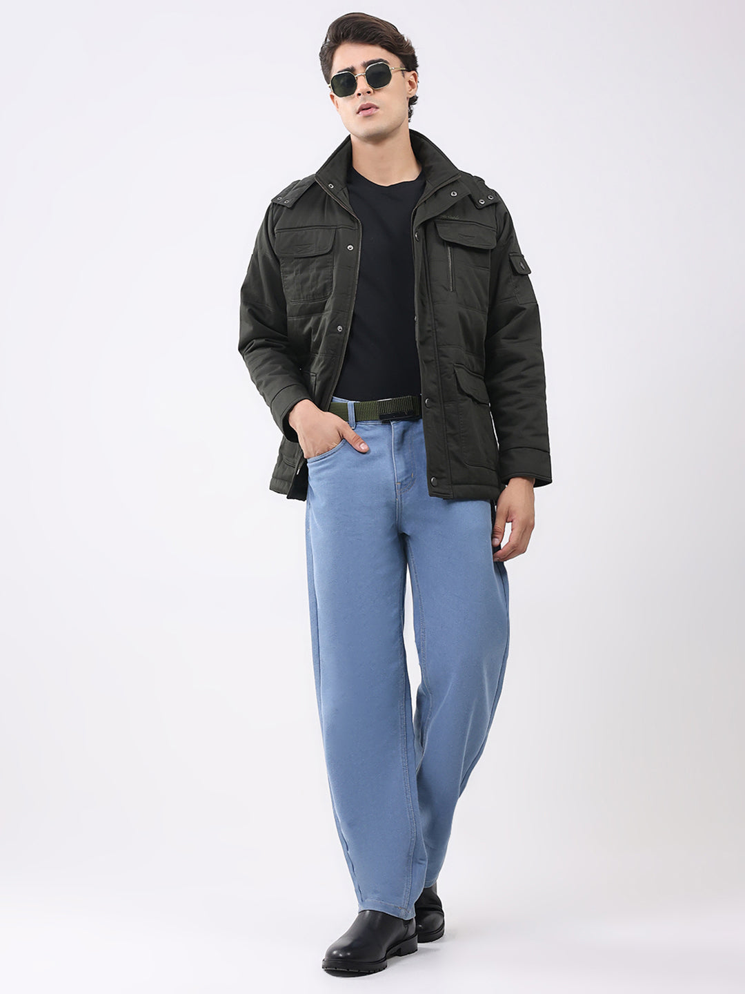 Men Green Solid Collar Full Sleeve Jacket