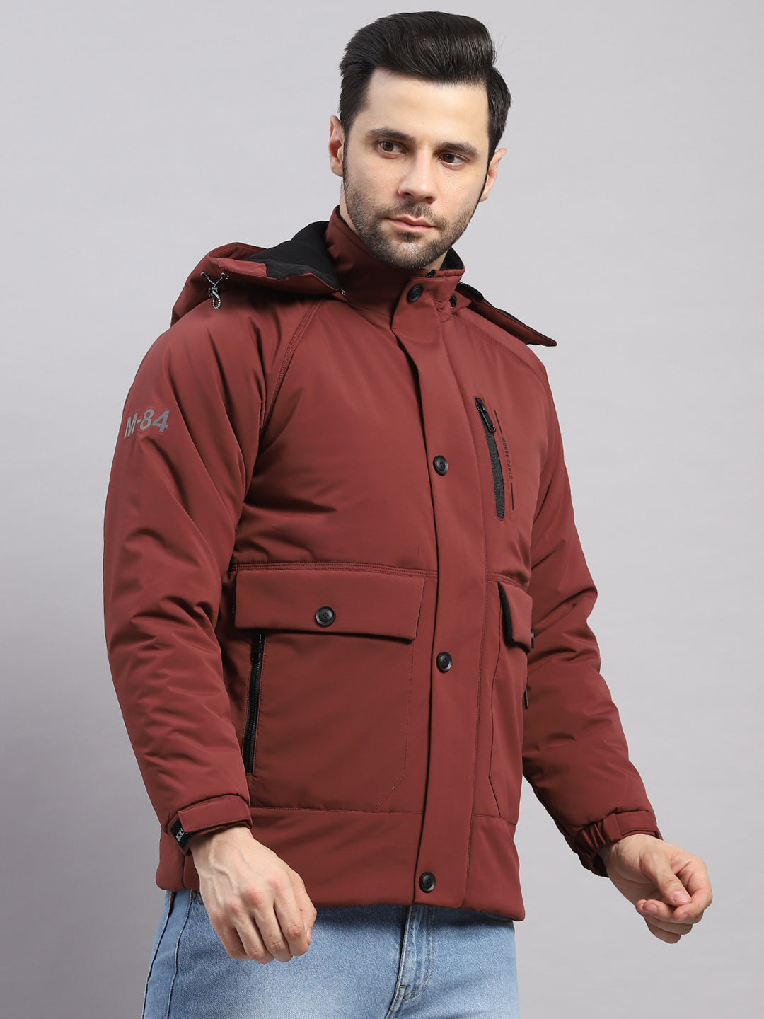 Men Burgundy Solid Hooded Full Sleeve Jacket