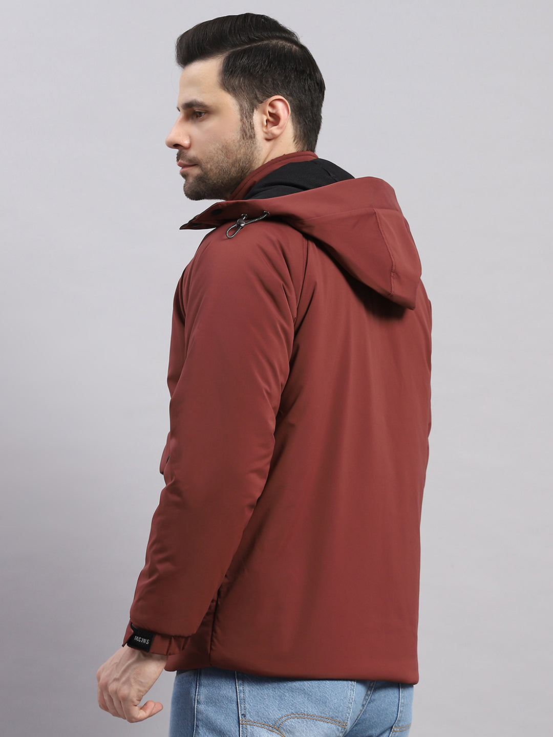 Men Burgundy Solid Hooded Full Sleeve Jacket