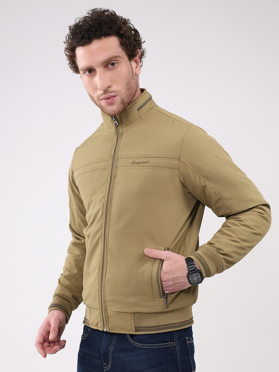 Men Khaki Solid Collar Full Sleeve Jacket