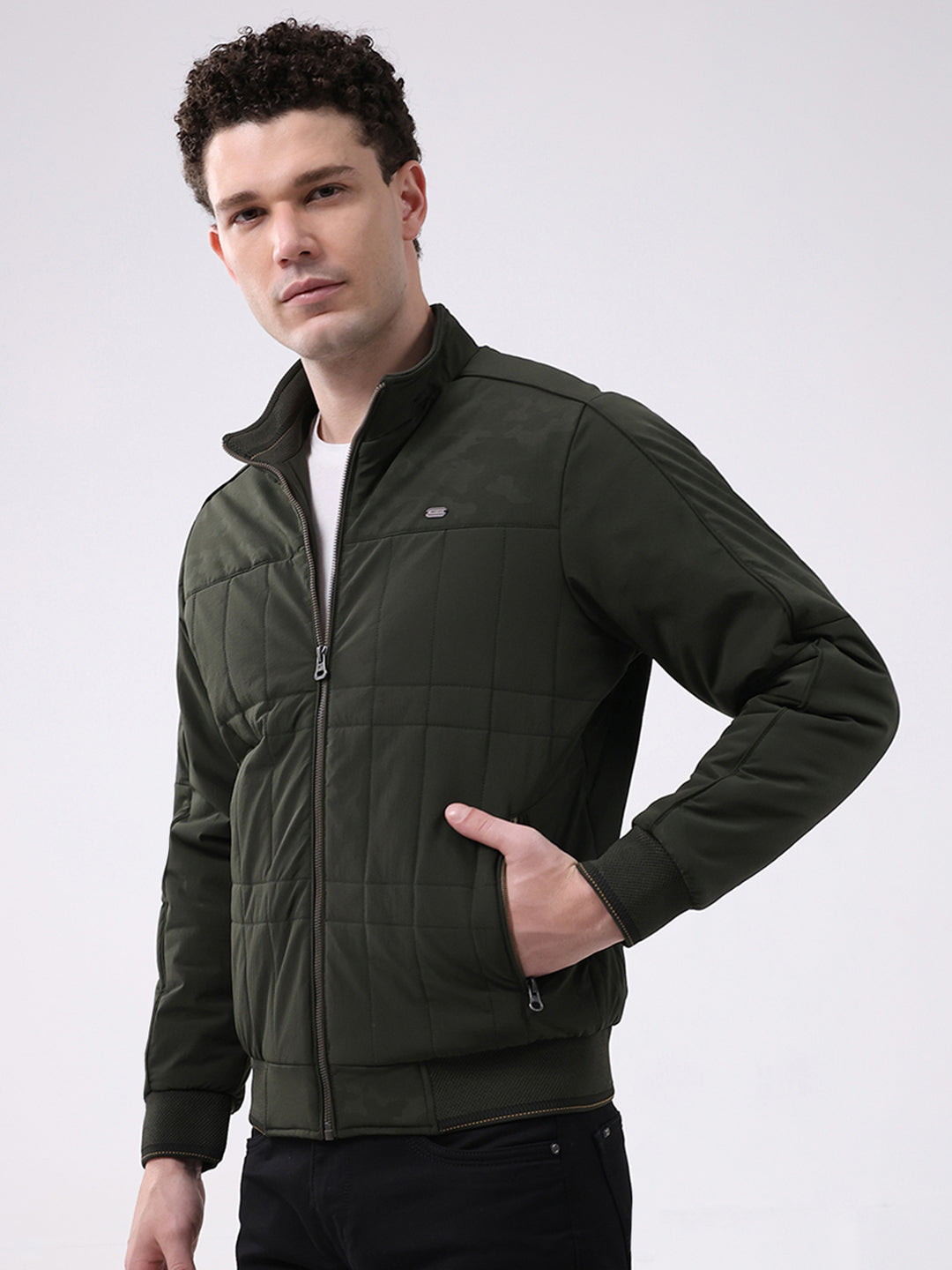 Men Green Solid Mock Neck Full Sleeve Jacket