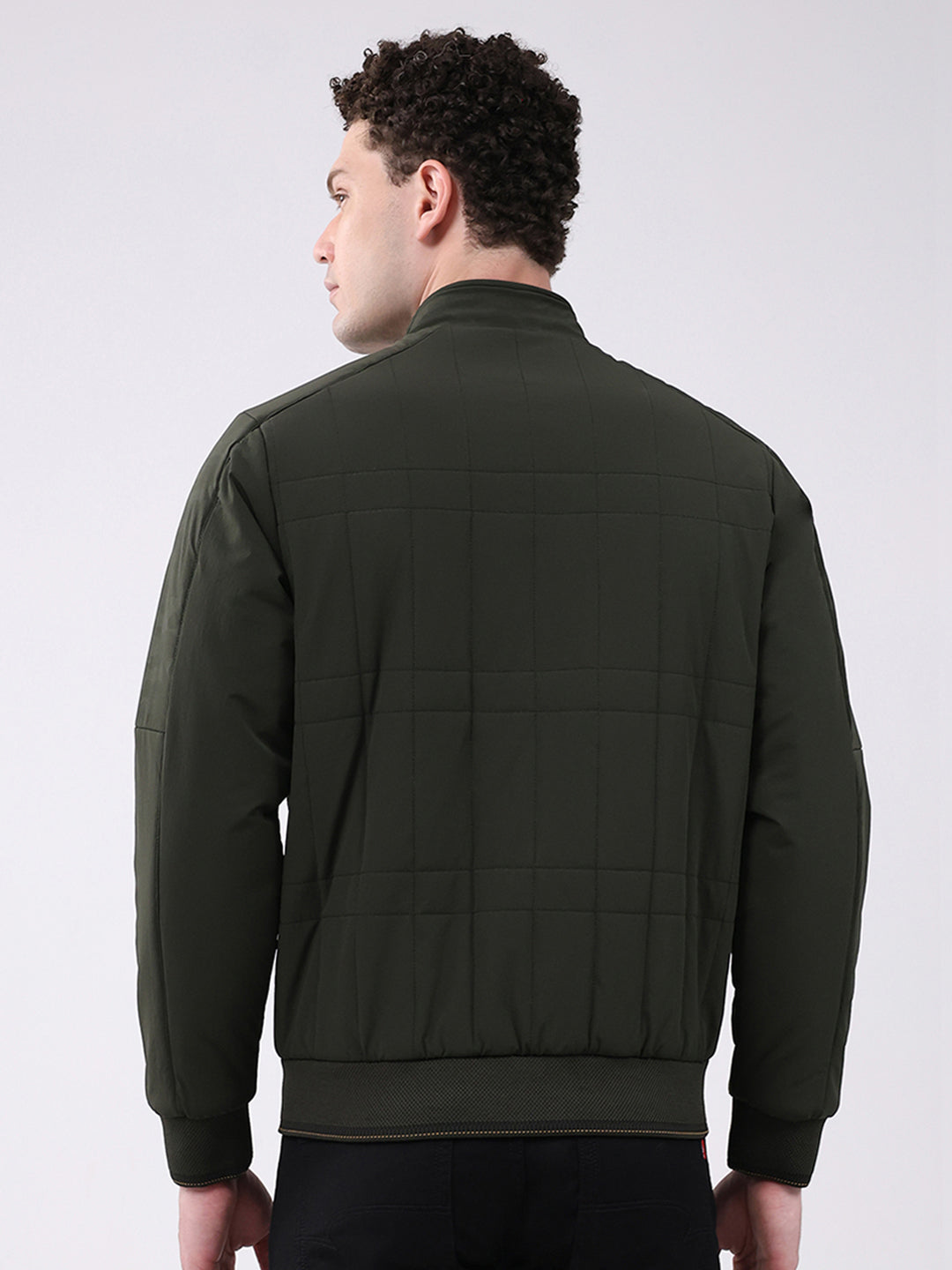 Men Green Solid Mock Neck Full Sleeve Jacket
