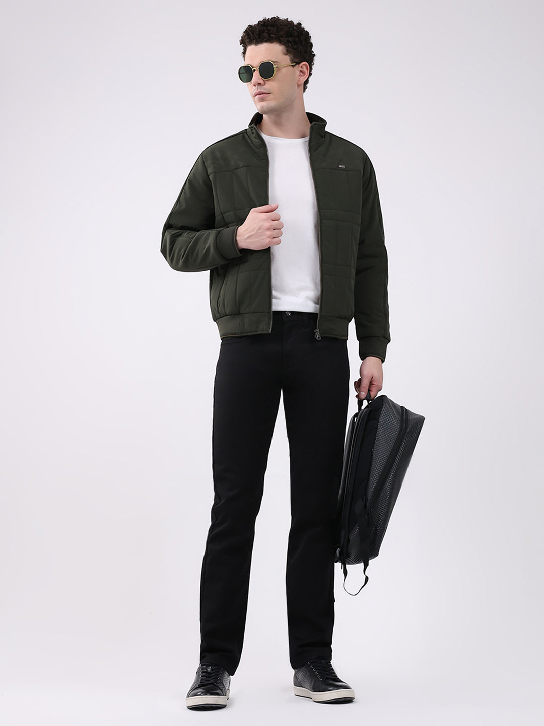 Men Green Solid Mock Neck Full Sleeve Jacket
