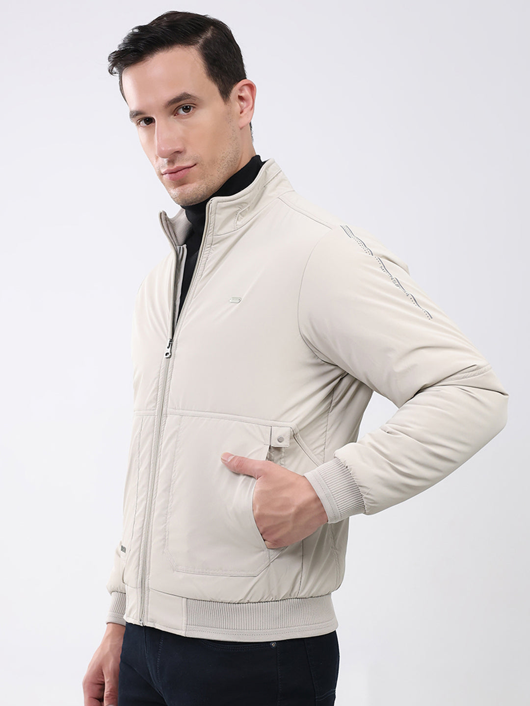 Men Cream Solid Mock Neck Full Sleeve Jacket