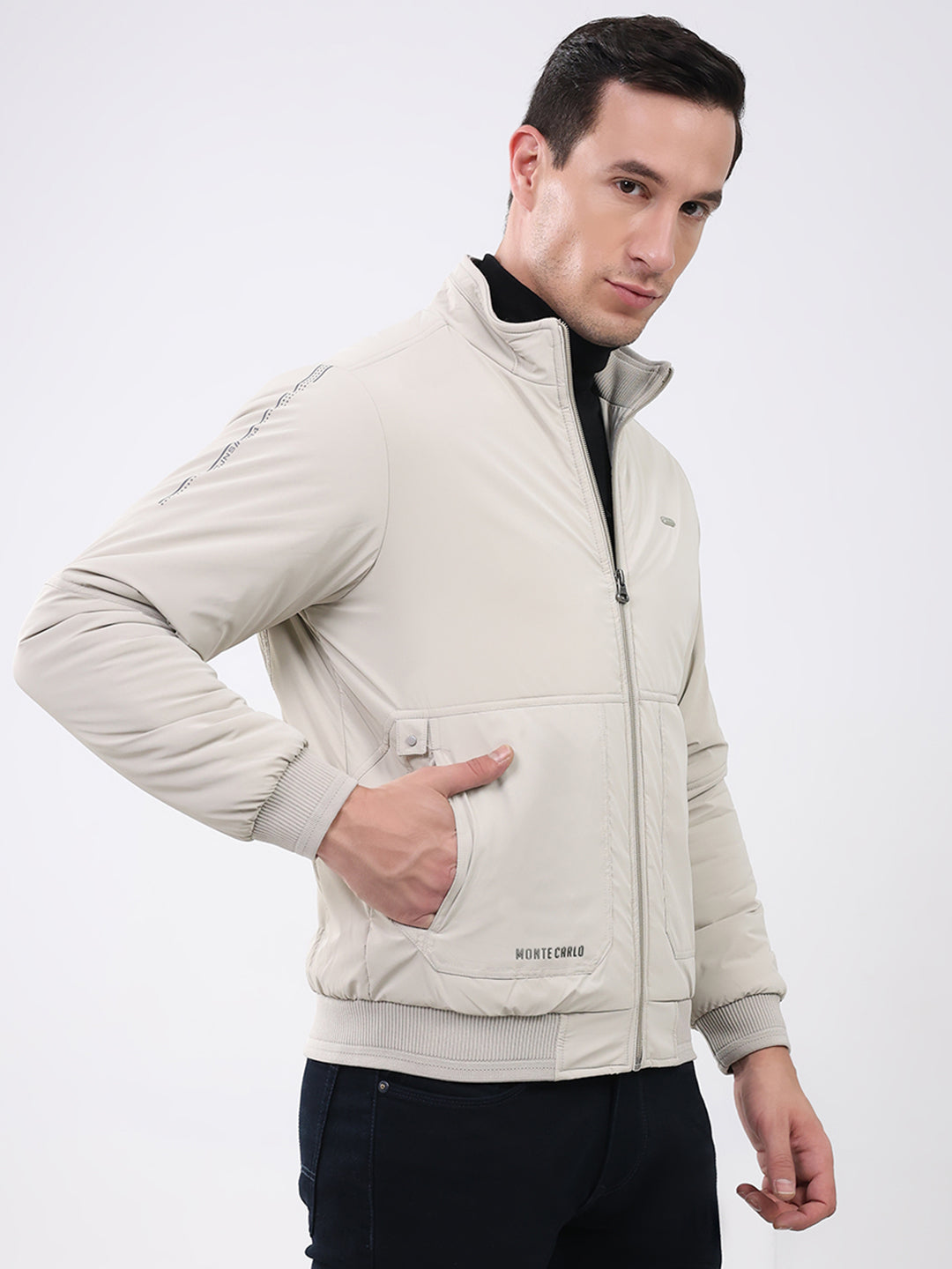 Men Cream Solid Mock Neck Full Sleeve Jacket