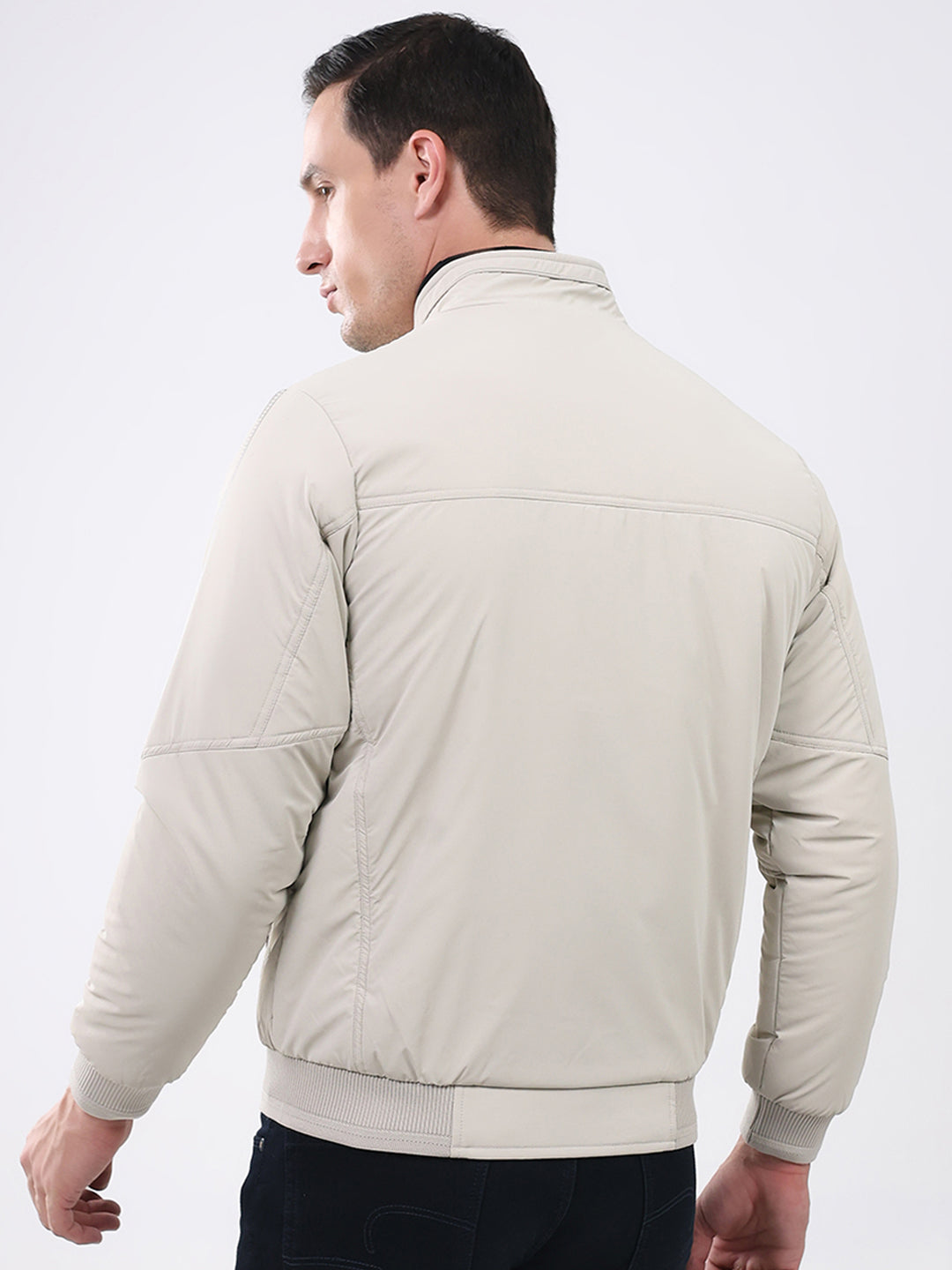 Men Cream Solid Mock Neck Full Sleeve Jacket