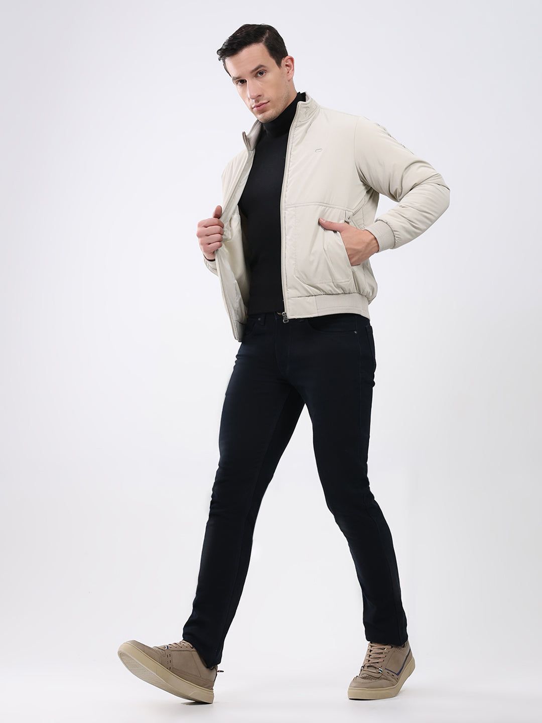 Men Cream Solid Mock Neck Full Sleeve Jacket