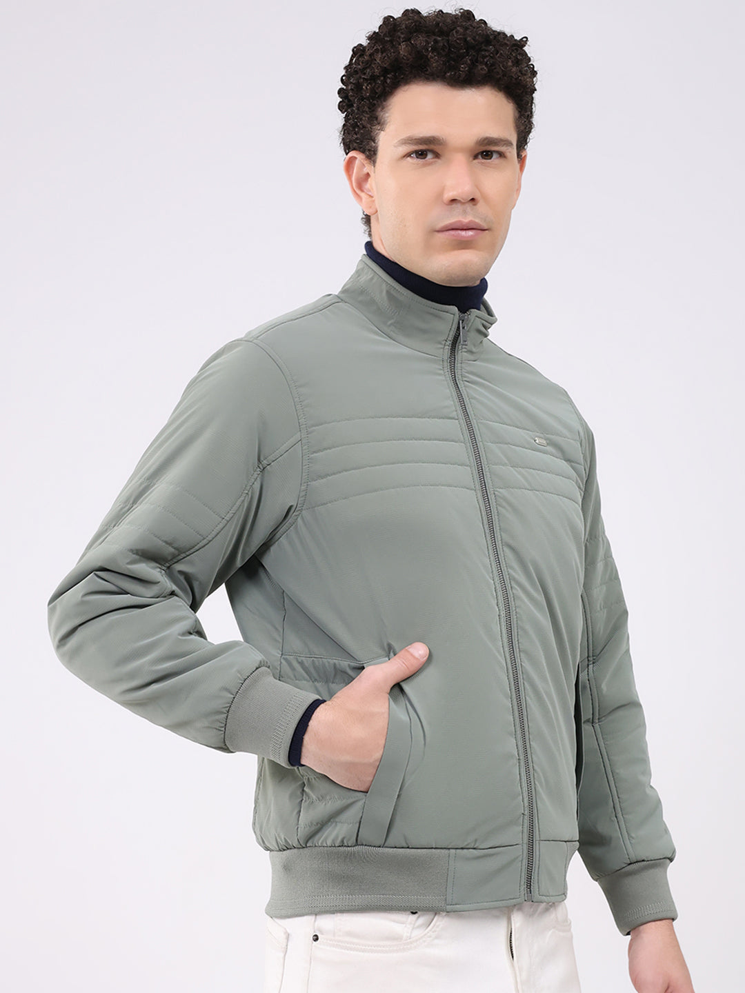 Men Sea Green Solid Collar Full Sleeve Jacket