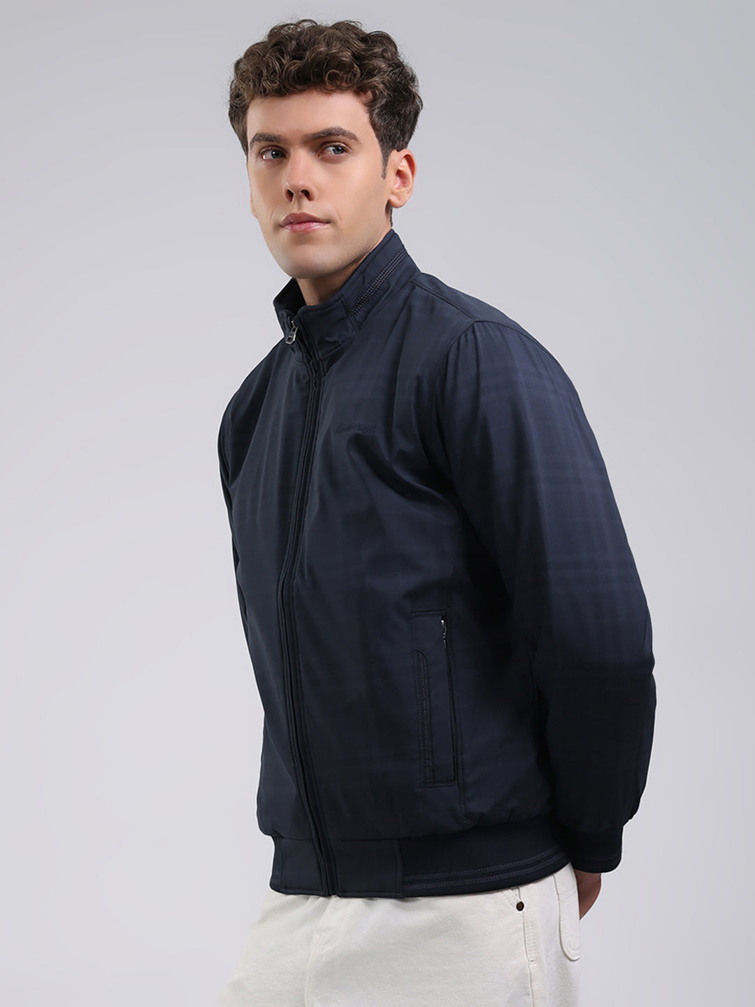 Men Navy Blue Solid Stand Collar Full Sleeve Jacket