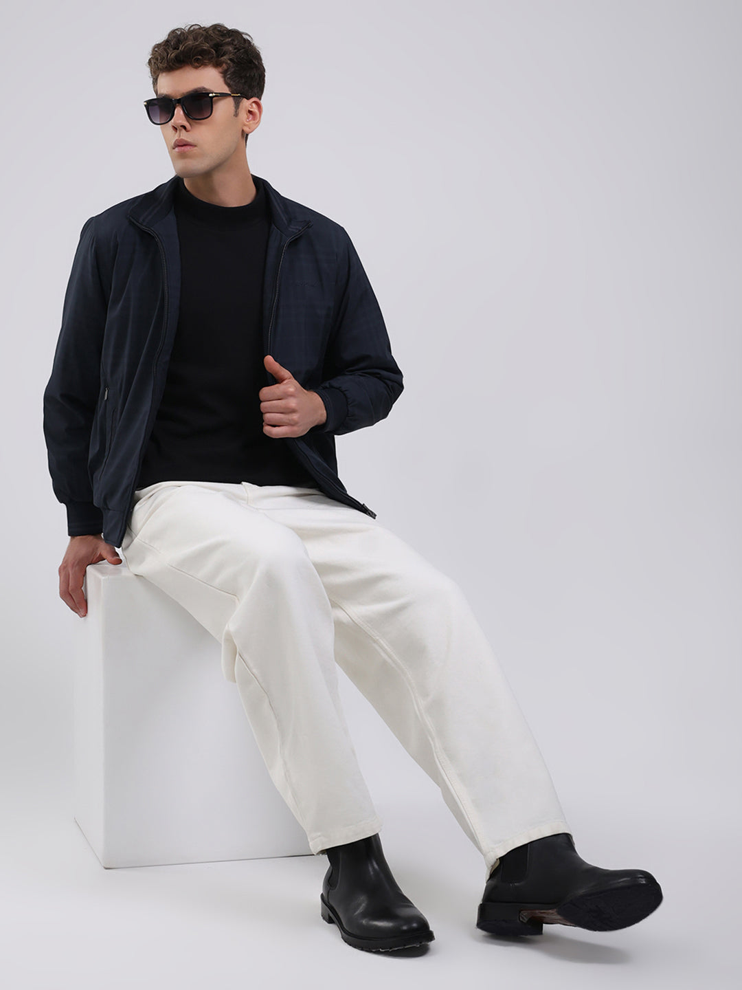 Men Navy Blue Solid Stand Collar Full Sleeve Jacket