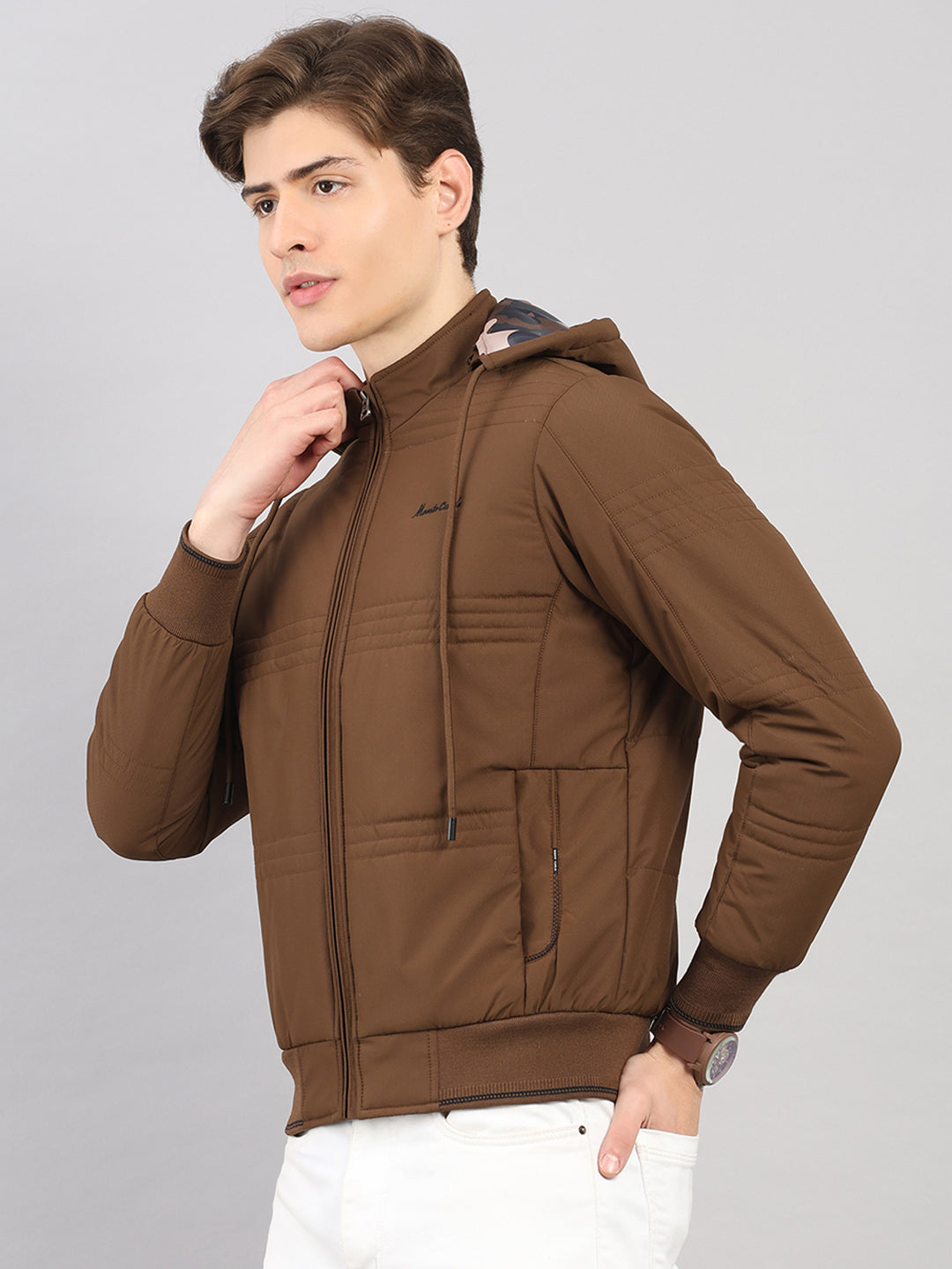Men Brown Solid Hooded Full Sleeve Jacket