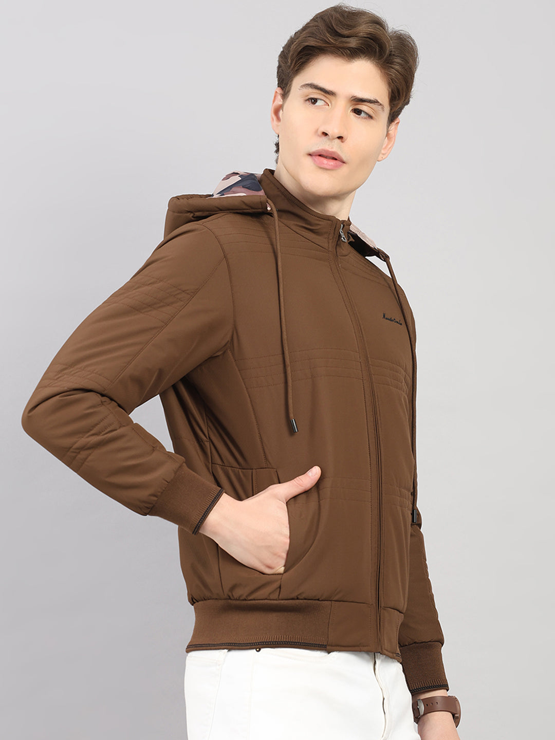 Men Brown Solid Hooded Full Sleeve Jacket