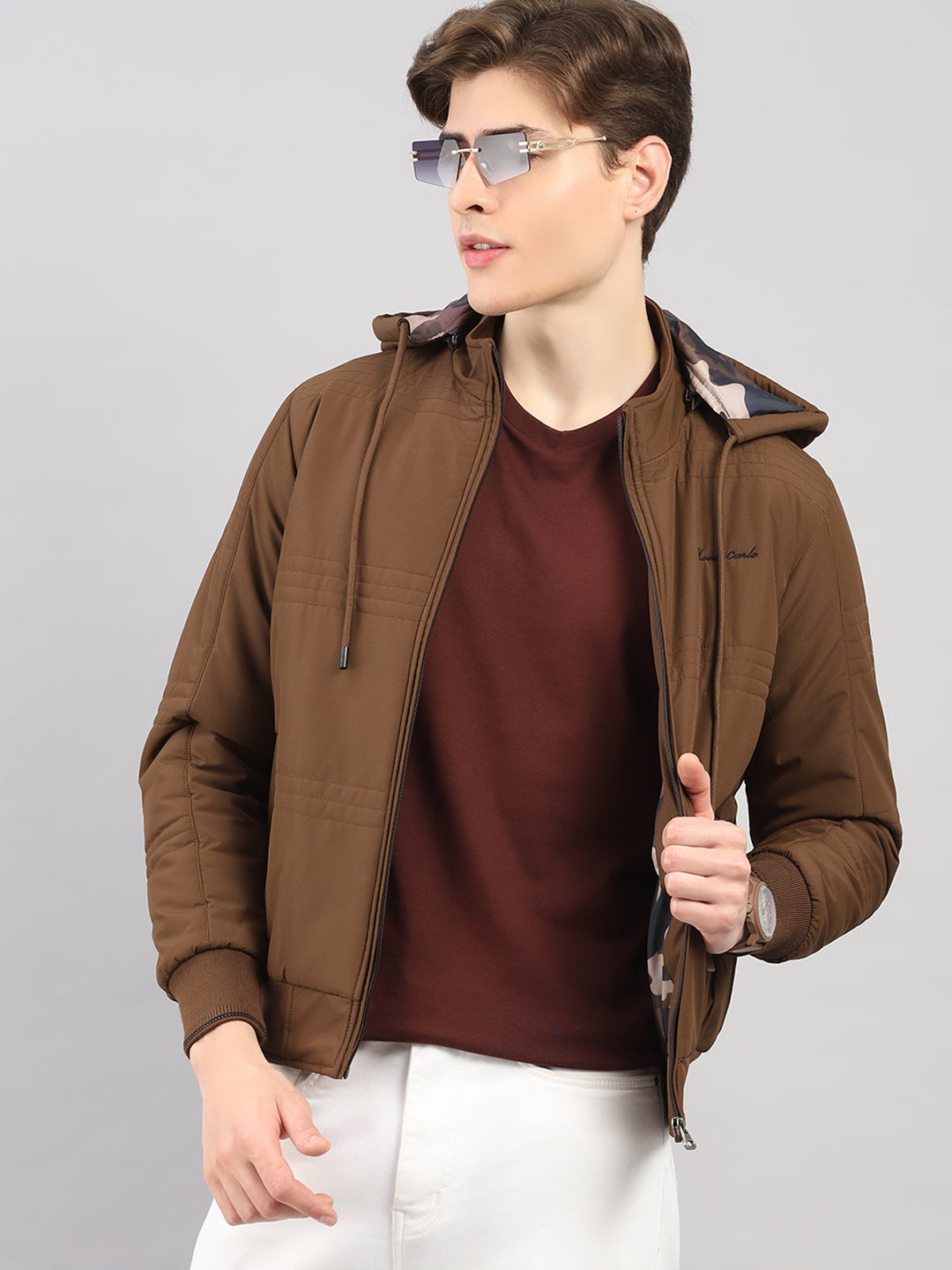 Men Brown Solid Hooded Full Sleeve Jacket