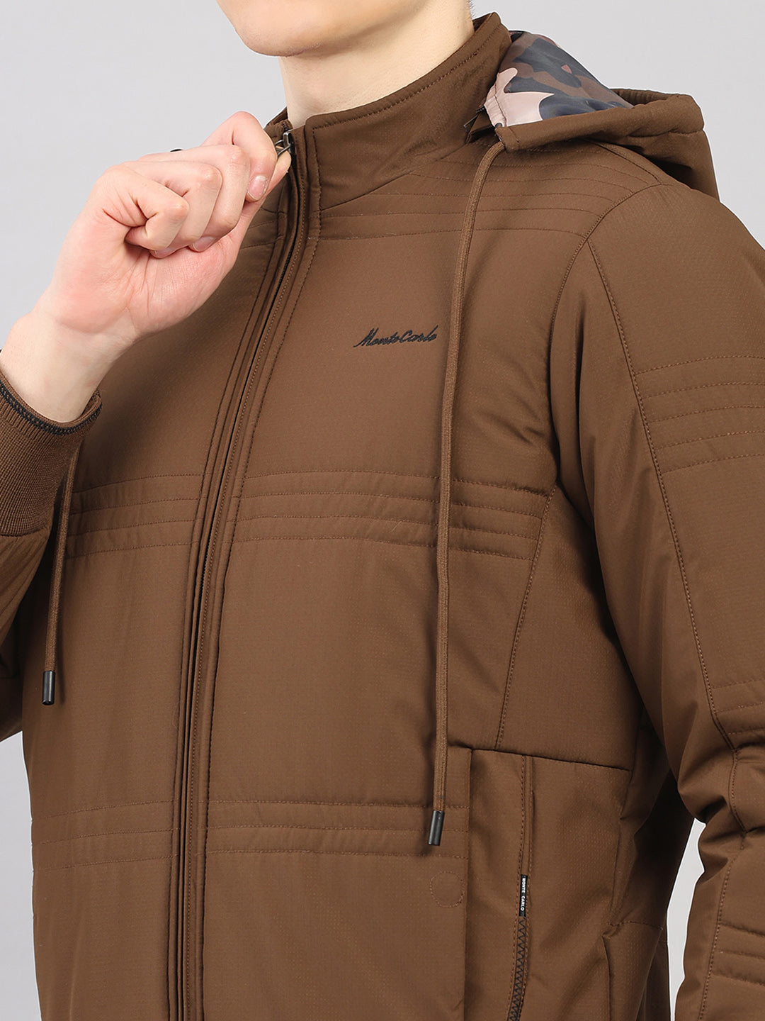 Men Brown Solid Hooded Full Sleeve Jacket