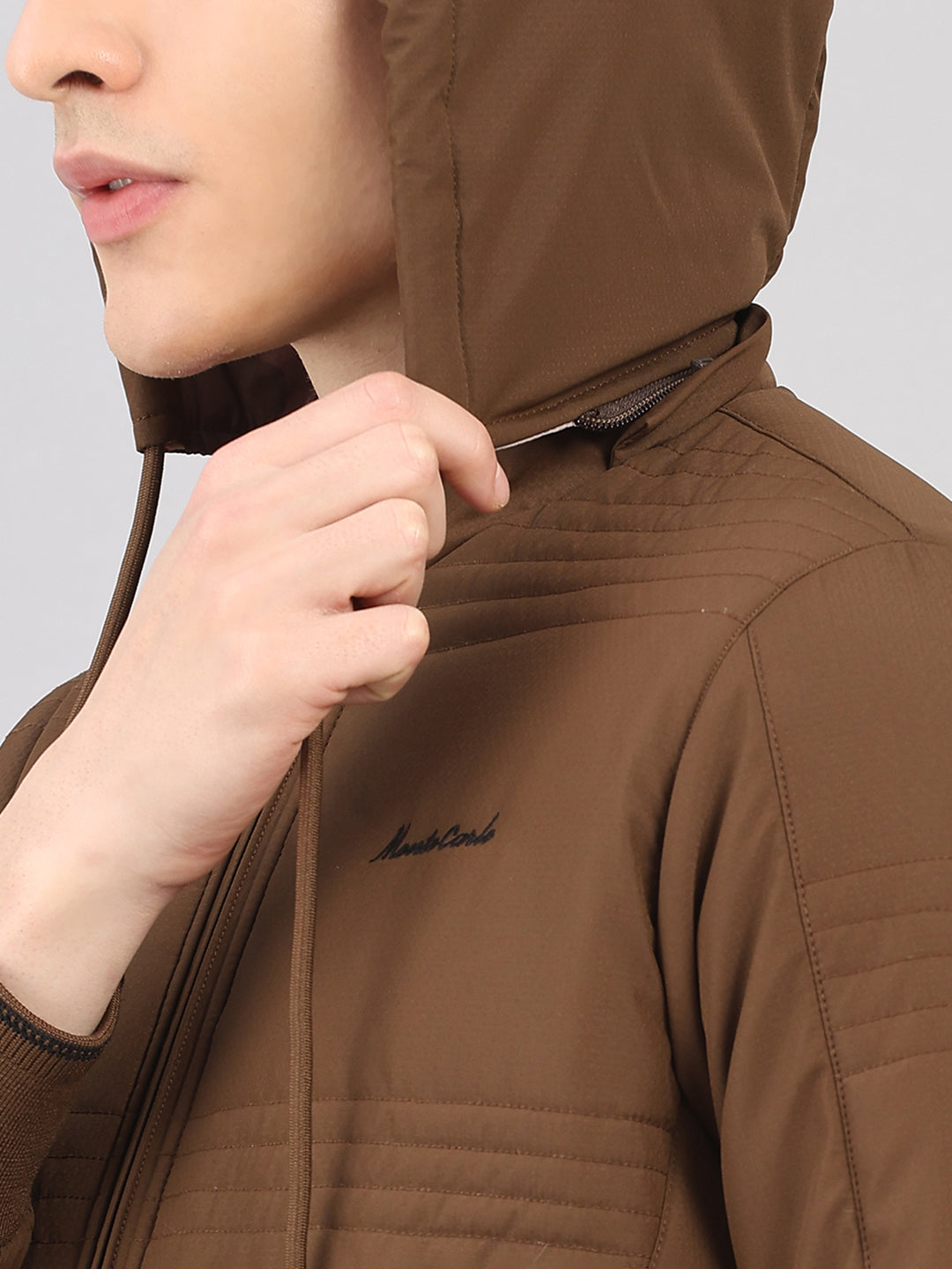 Men Brown Solid Hooded Full Sleeve Jacket