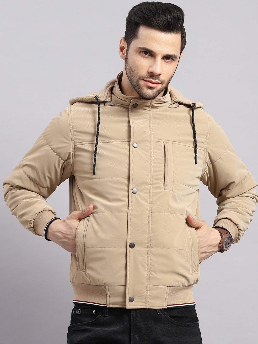 Men Khaki Solid Hooded Full Sleeve Jacket