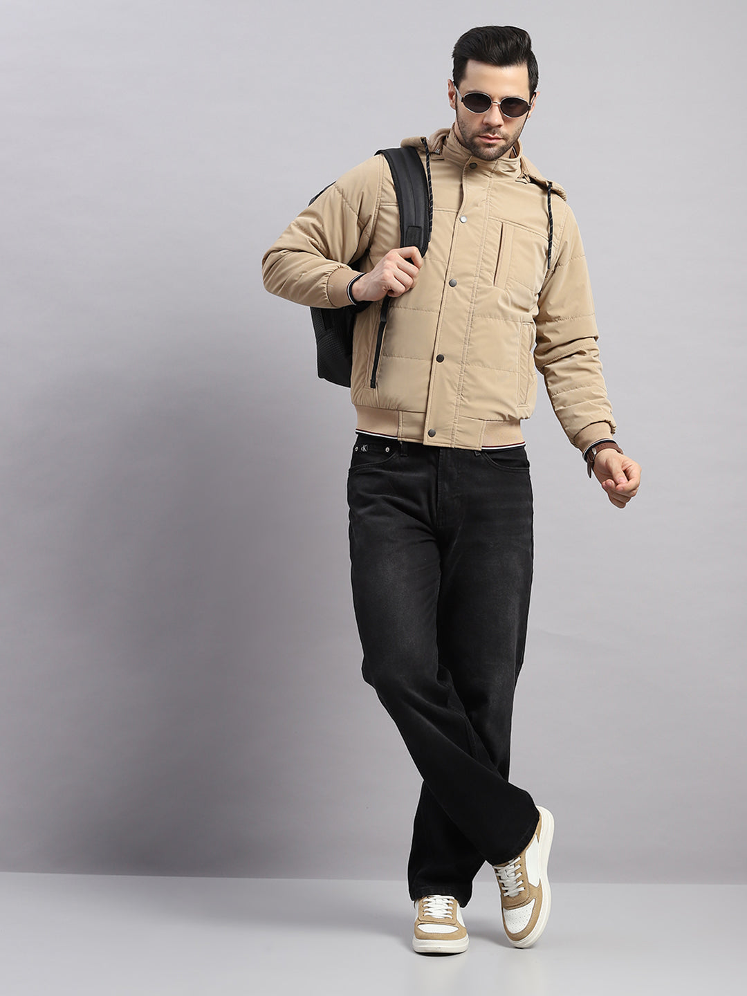 Men Khaki Solid Hooded Full Sleeve Jacket