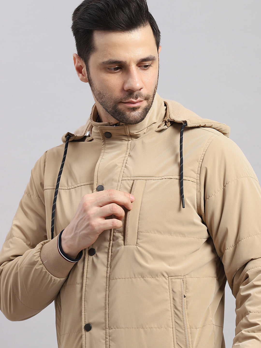 Men Khaki Solid Hooded Full Sleeve Jacket