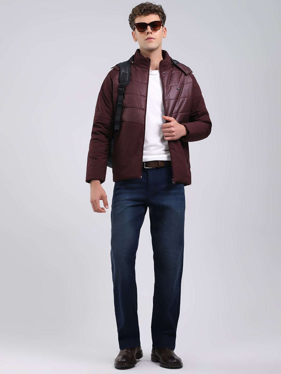 Men Burgundy Solid Hooded Full Sleeve Jacket