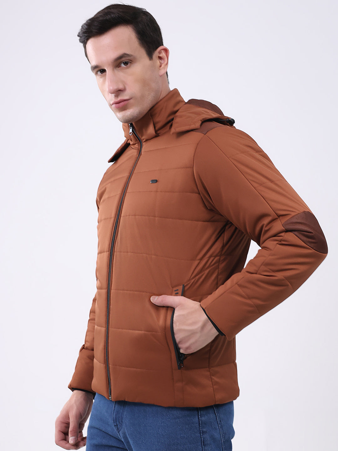 Men Tan Solid Hooded Full Sleeve Jacket
