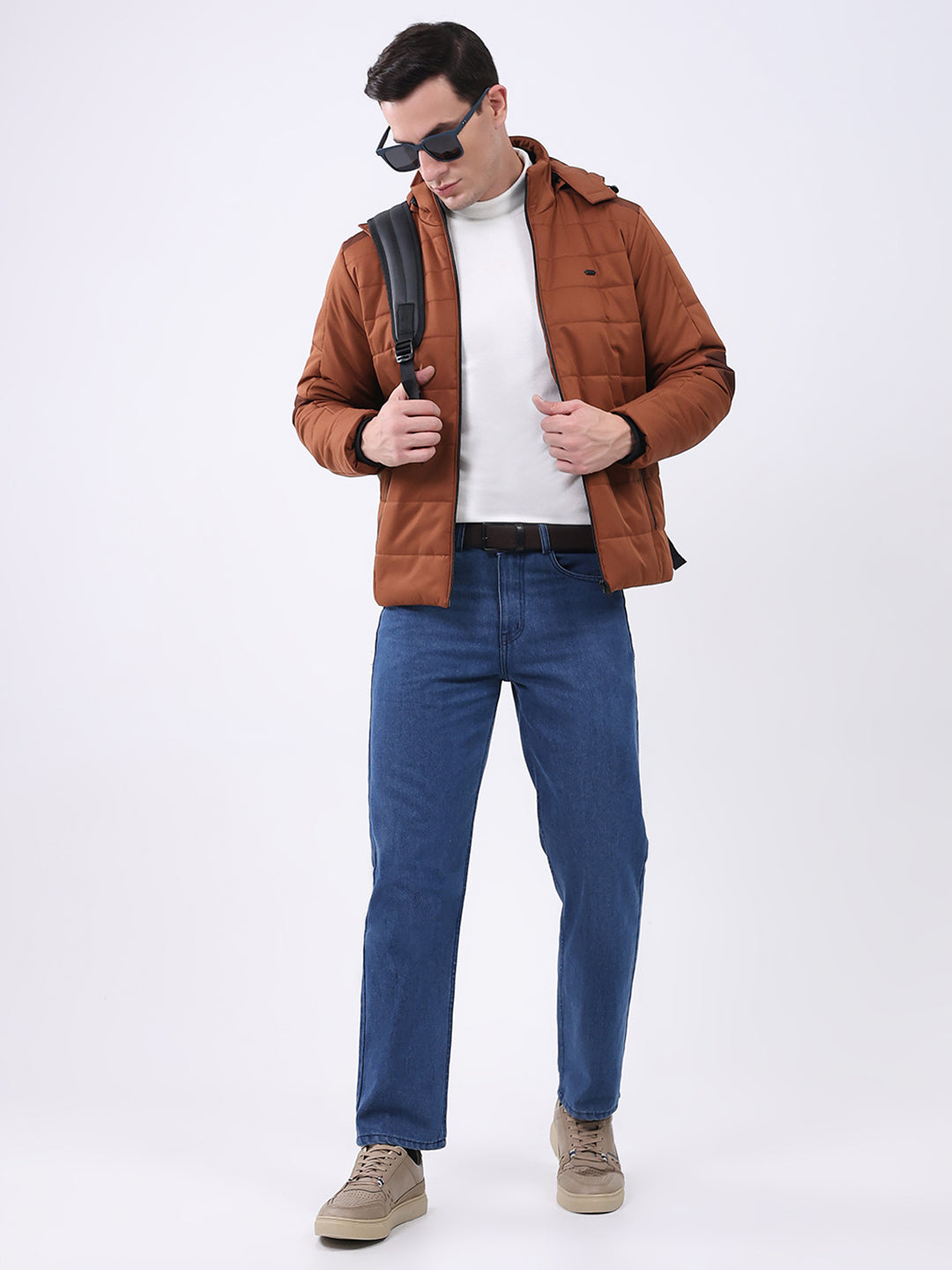 Men Tan Solid Hooded Full Sleeve Jacket