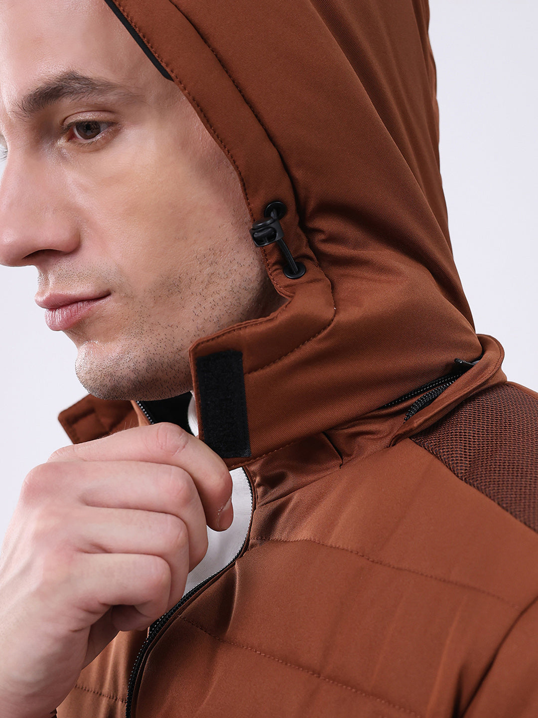 Men Tan Solid Hooded Full Sleeve Jacket